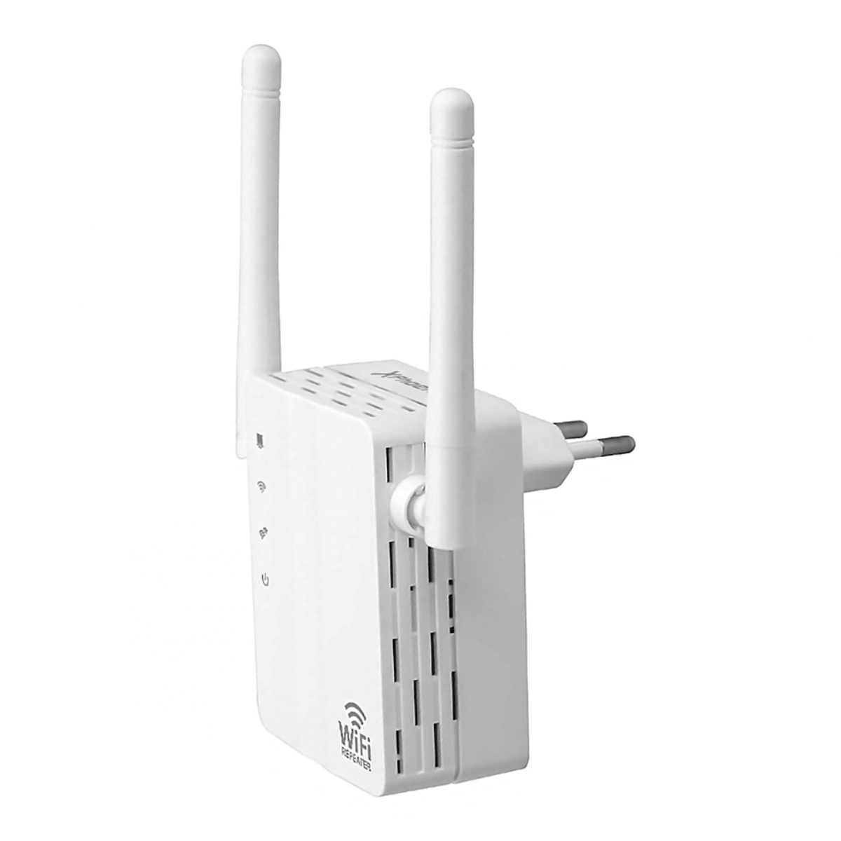 Repetidor WiFi blanco con dos antenas y un enchufe. Fondo blanco.
