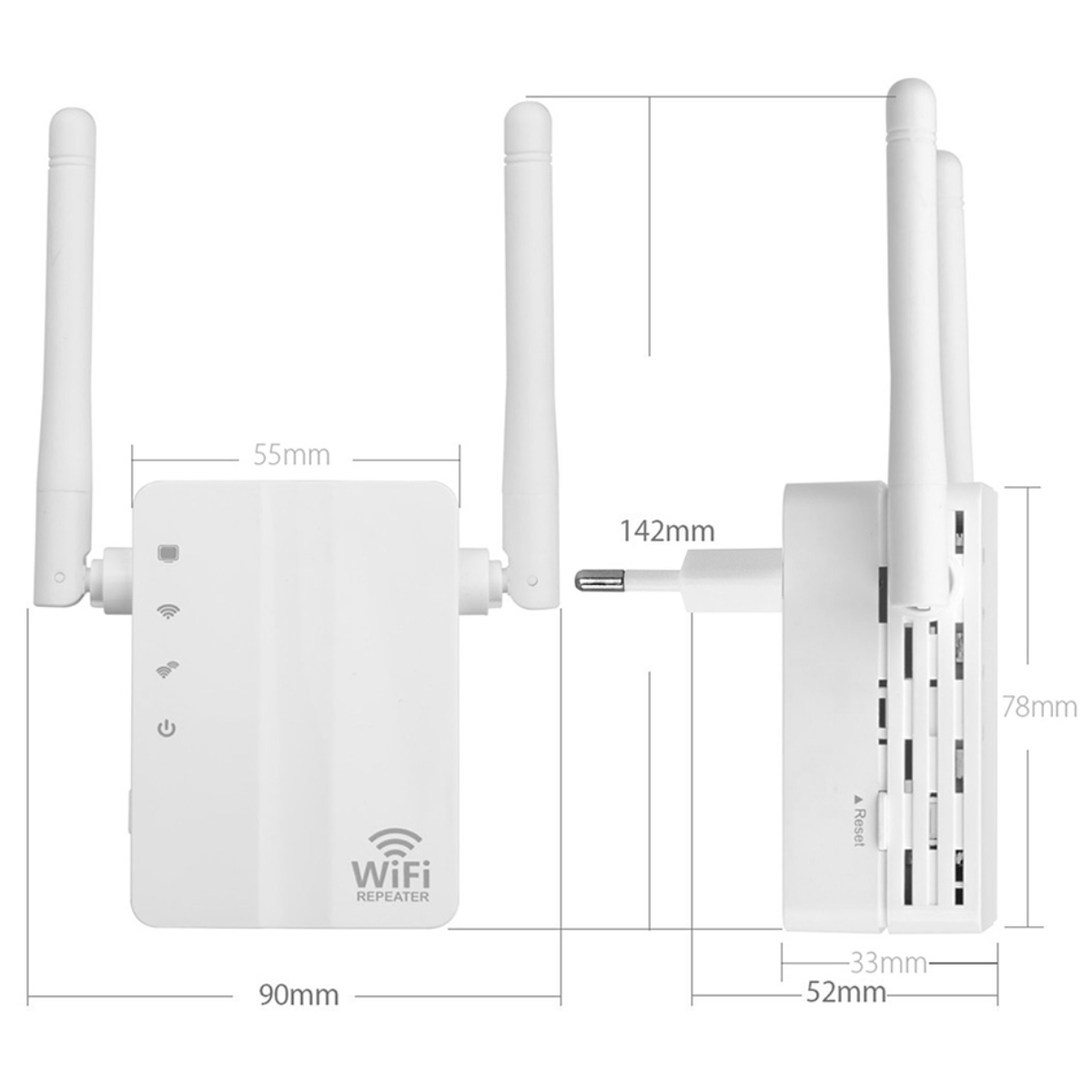 Repetidor WiFi blanco con antenas. Tiene dimensiones e indicadores. Es un repetidor wifi.