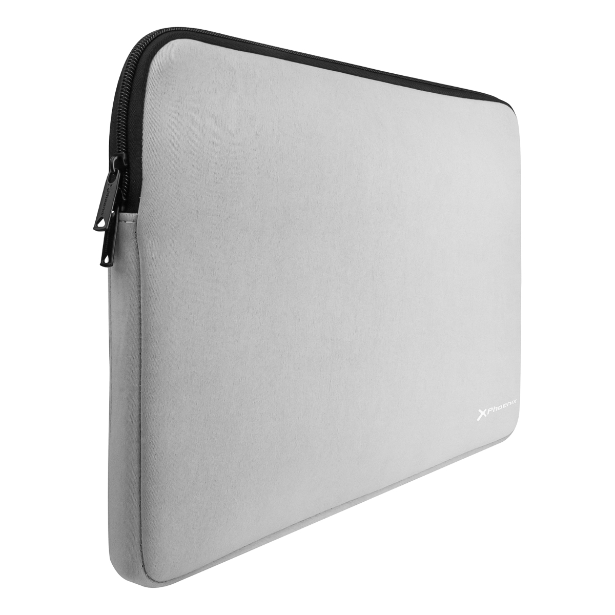 Funda para portátil gris claro con cremallera negra, cerrada, sobre fondo blanco.