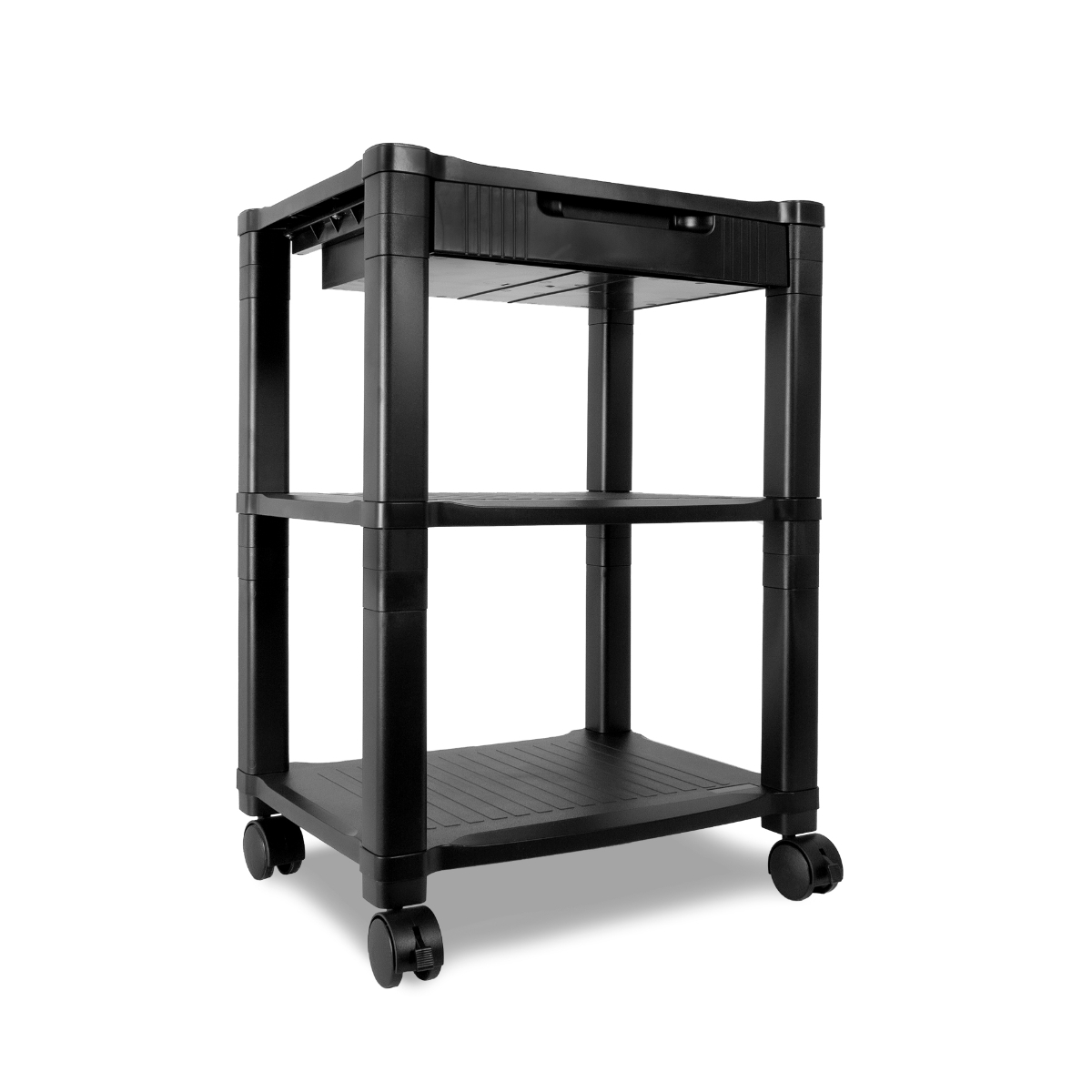 Carrito rodante negro con tres estantes, adecuado para almacenamiento o exhibición.