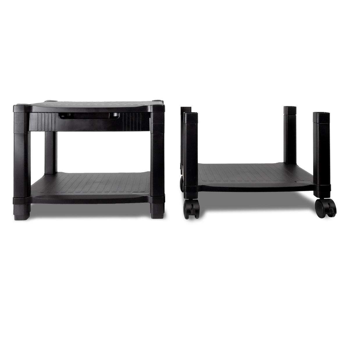 Dos soportes negros para computadora, uno con cajón, el otro con ruedas.
