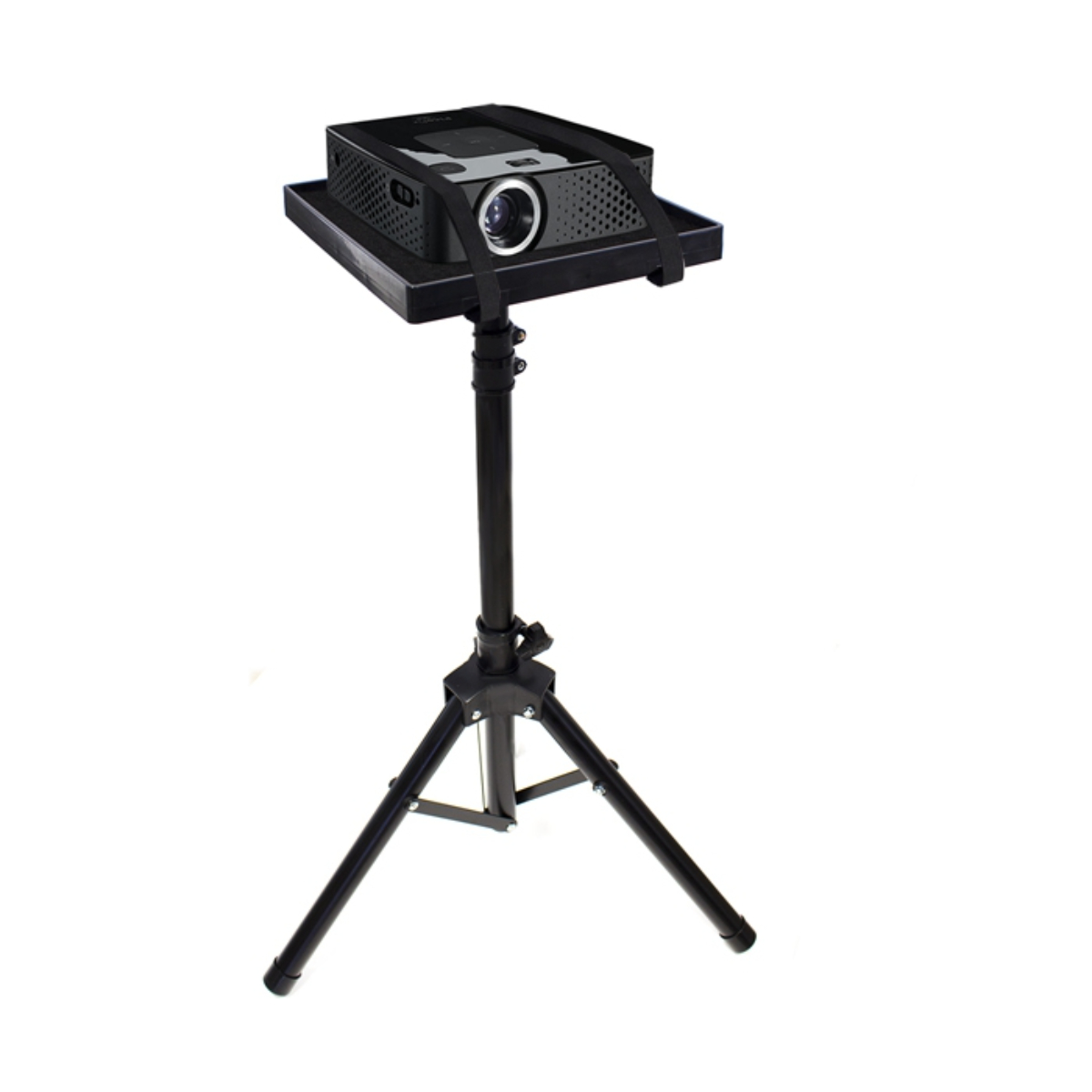 Un proyector negro sobre un soporte negro. El soporte tiene una base de trípode. Fondo blanco.