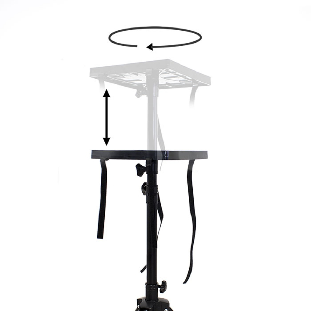 Un soporte giratorio con una flecha que indica la rotación. Una mesa negra en la parte superior.