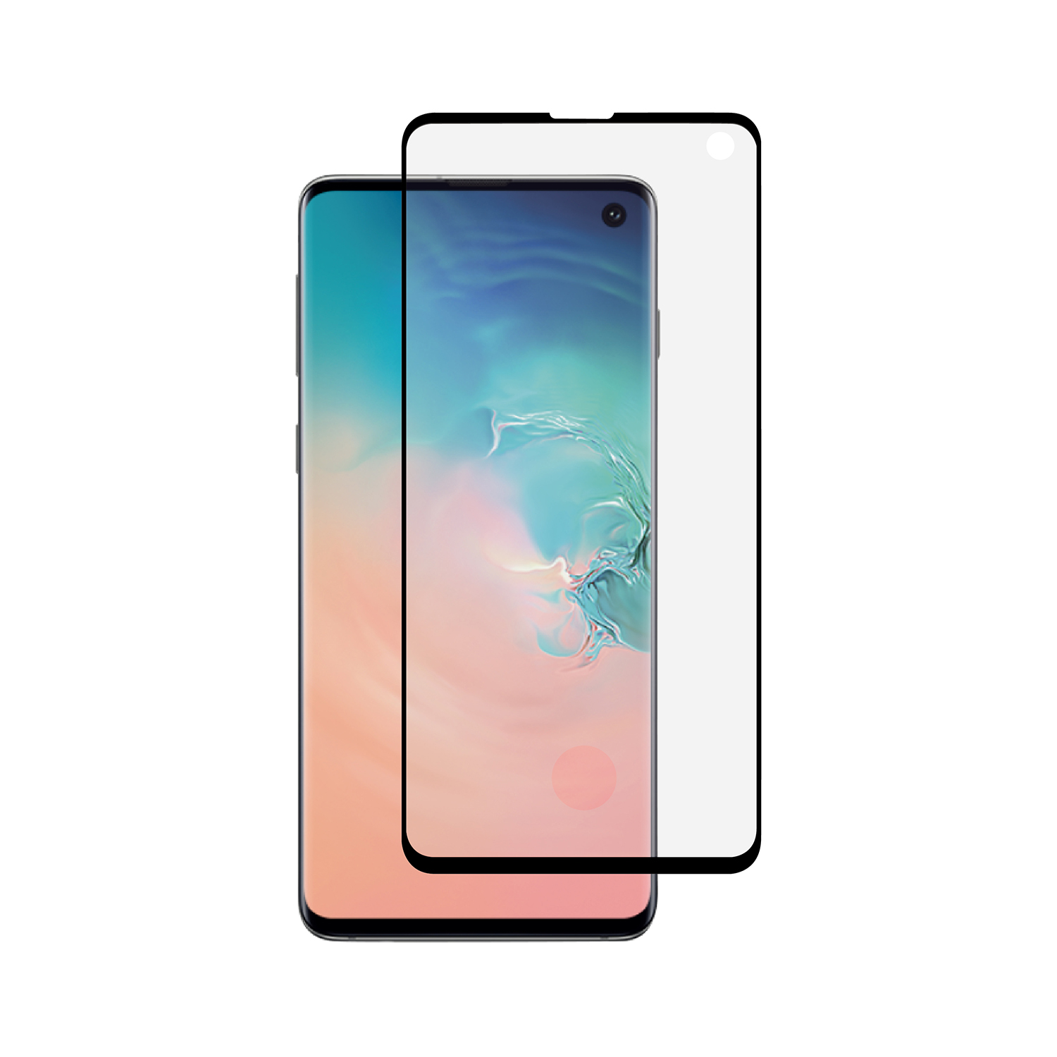 Uno smartphone con una protezione per lo schermo applicata, sfondo bianco. Il telefono è nero.
