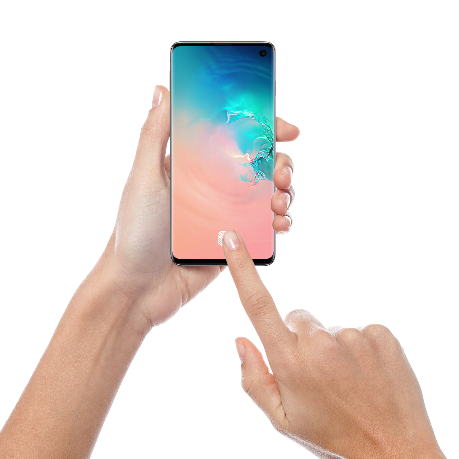 Mano che tiene il telefono. Dito che tocca lo schermo. Sfondo sfumato rosa e blu.