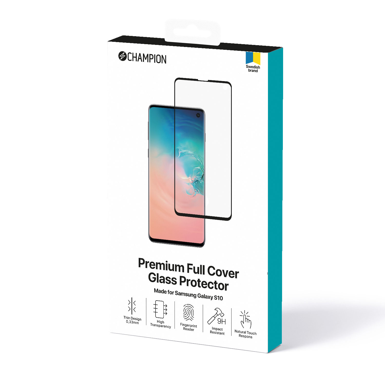 Scatola proteggi schermo per telefono con immagine del telefono sul fronte.