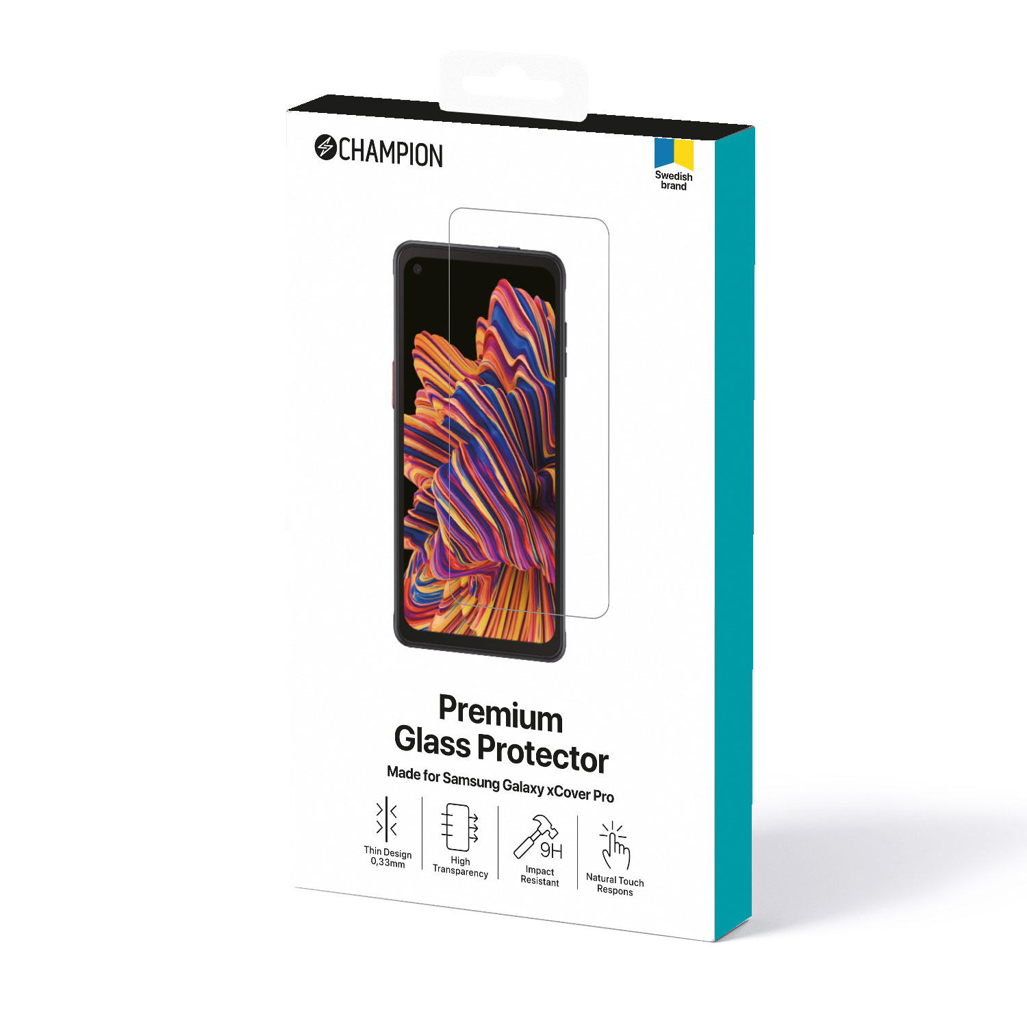 Eine Schachtel mit Displayschutzfolie für ein Telefon. Die Schachtel ist weiß und zeigt ein Telefon und den Schutz.