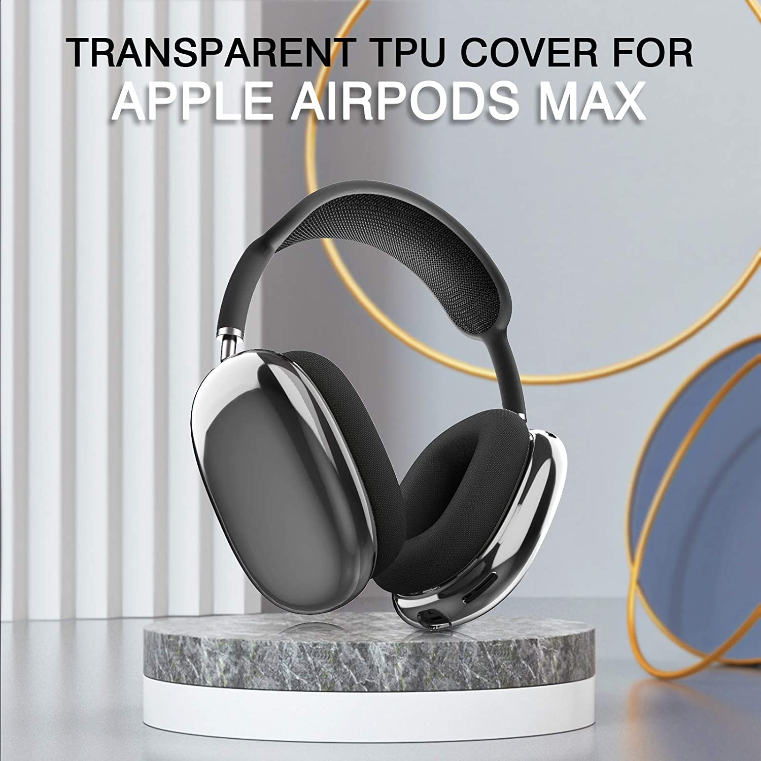Silberne Apple AirPods Max Kopfhörer auf einem Ständer. Text sagt transparente TPU-Hülle. Blauer Hintergrund.