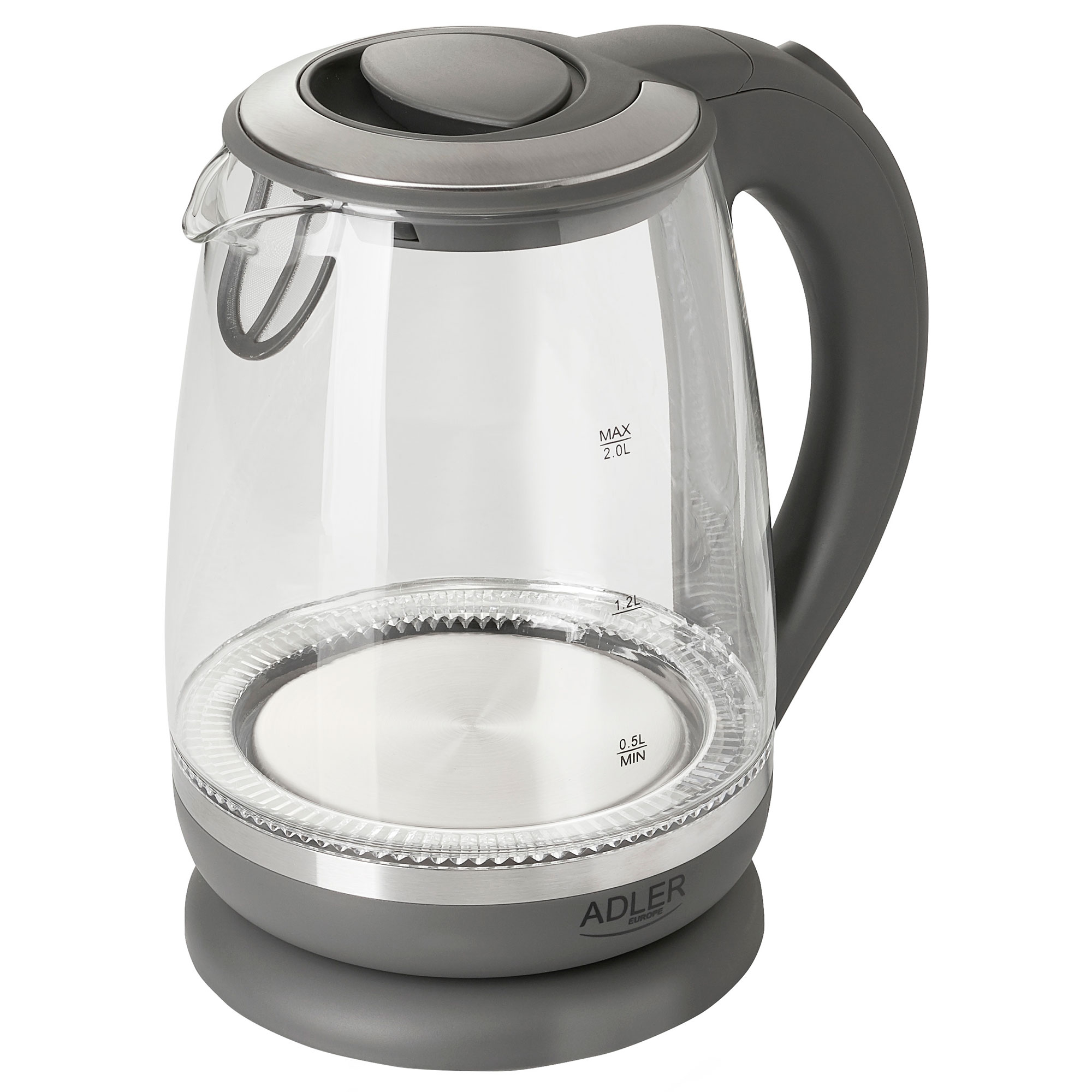 Bouilloire électrique en verre transparent avec base et poignée grises sur fond blanc.