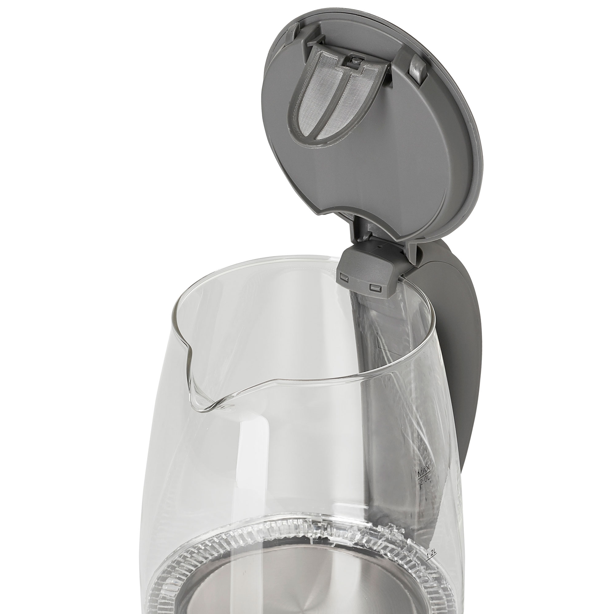 Bouilloire en verre transparent avec des accents gris, couvercle ouvert montrant le filtre, isolé sur blanc.