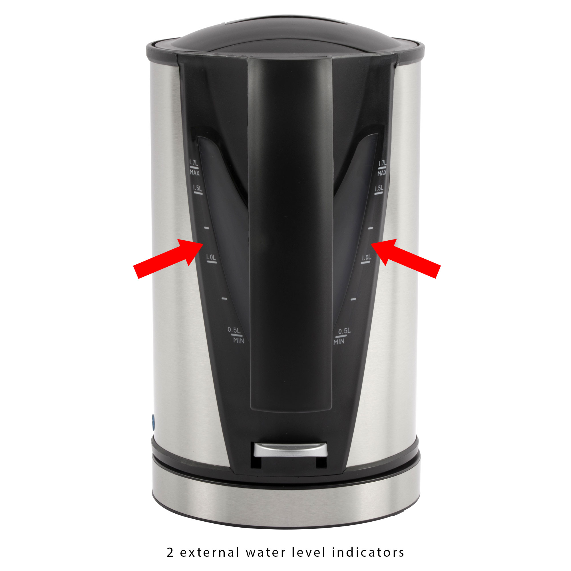 Hervidor eléctrico de acero inoxidable con indicadores de nivel de agua y flechas rojas.