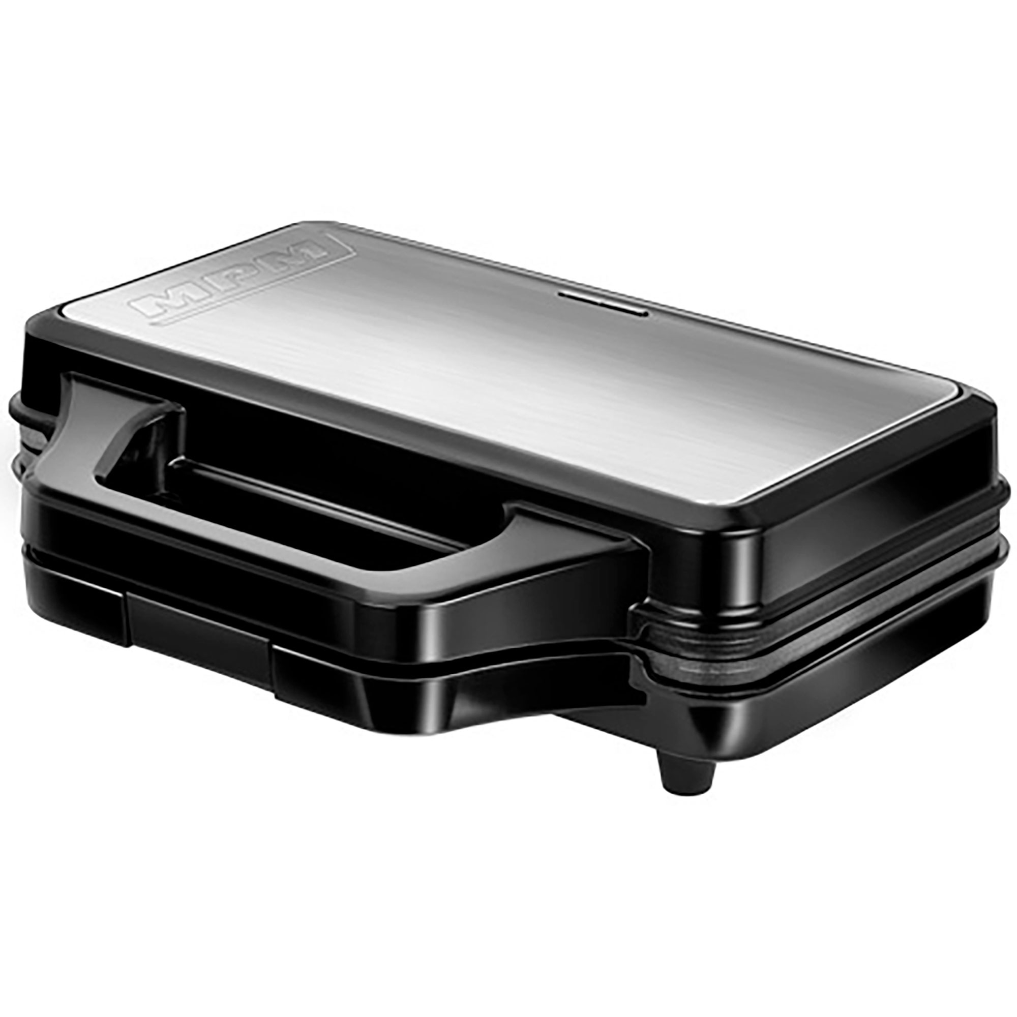 Sandwich maker nero e argento, chiuso, isolato su sfondo bianco.
