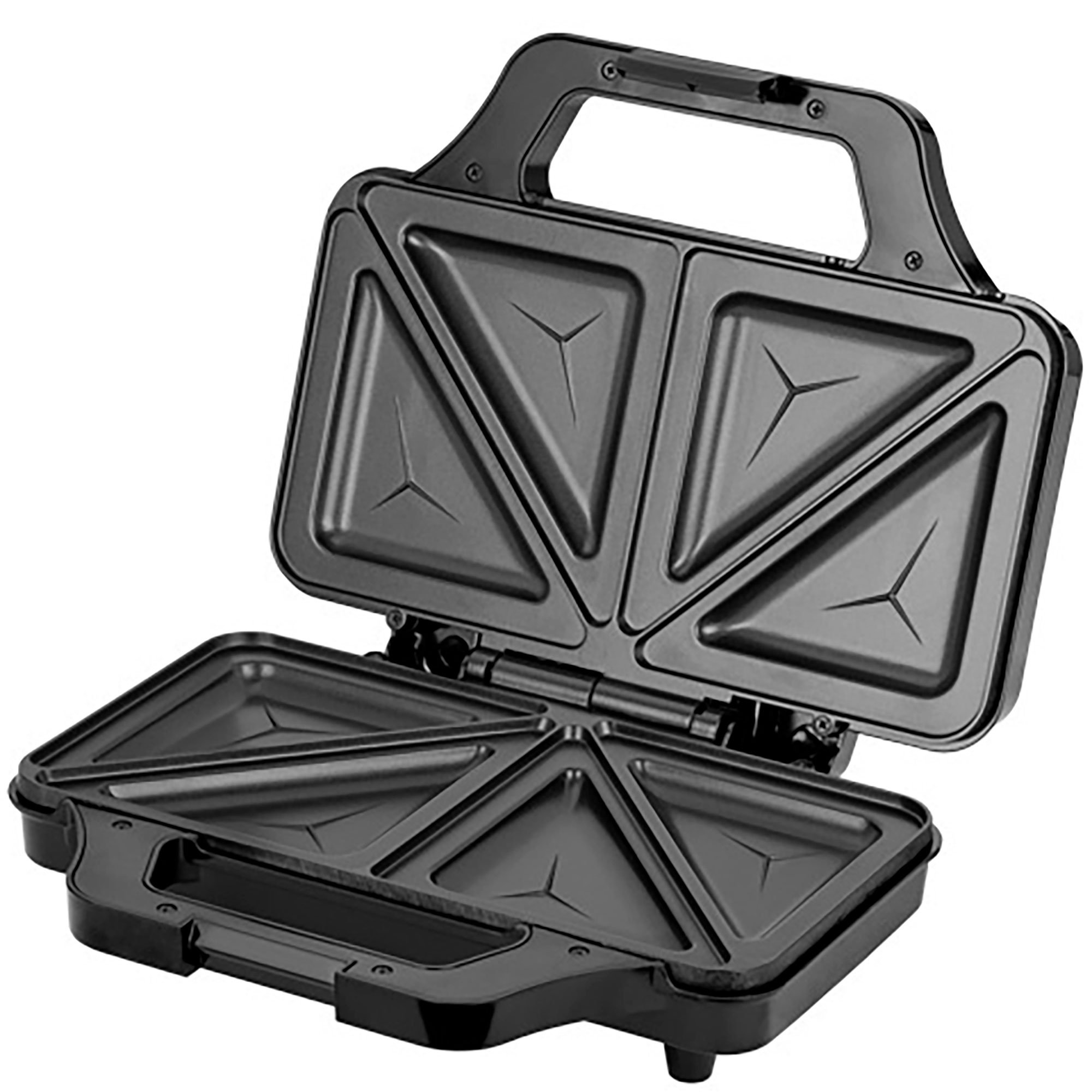 Sandwich maker nero, aperto, con sezioni triangolari. Ha una maniglia.