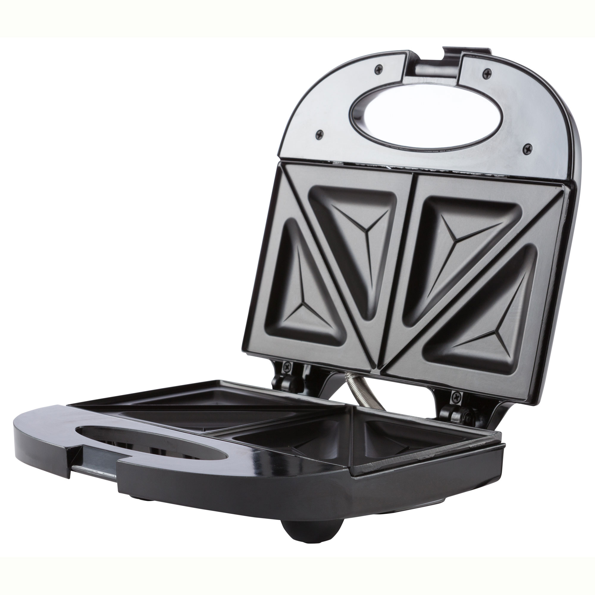 Czarny otwarty opiekacz do kanapek na białym tle. Otwarty u góry, pokazujący trójkątne płyty do gotowania.