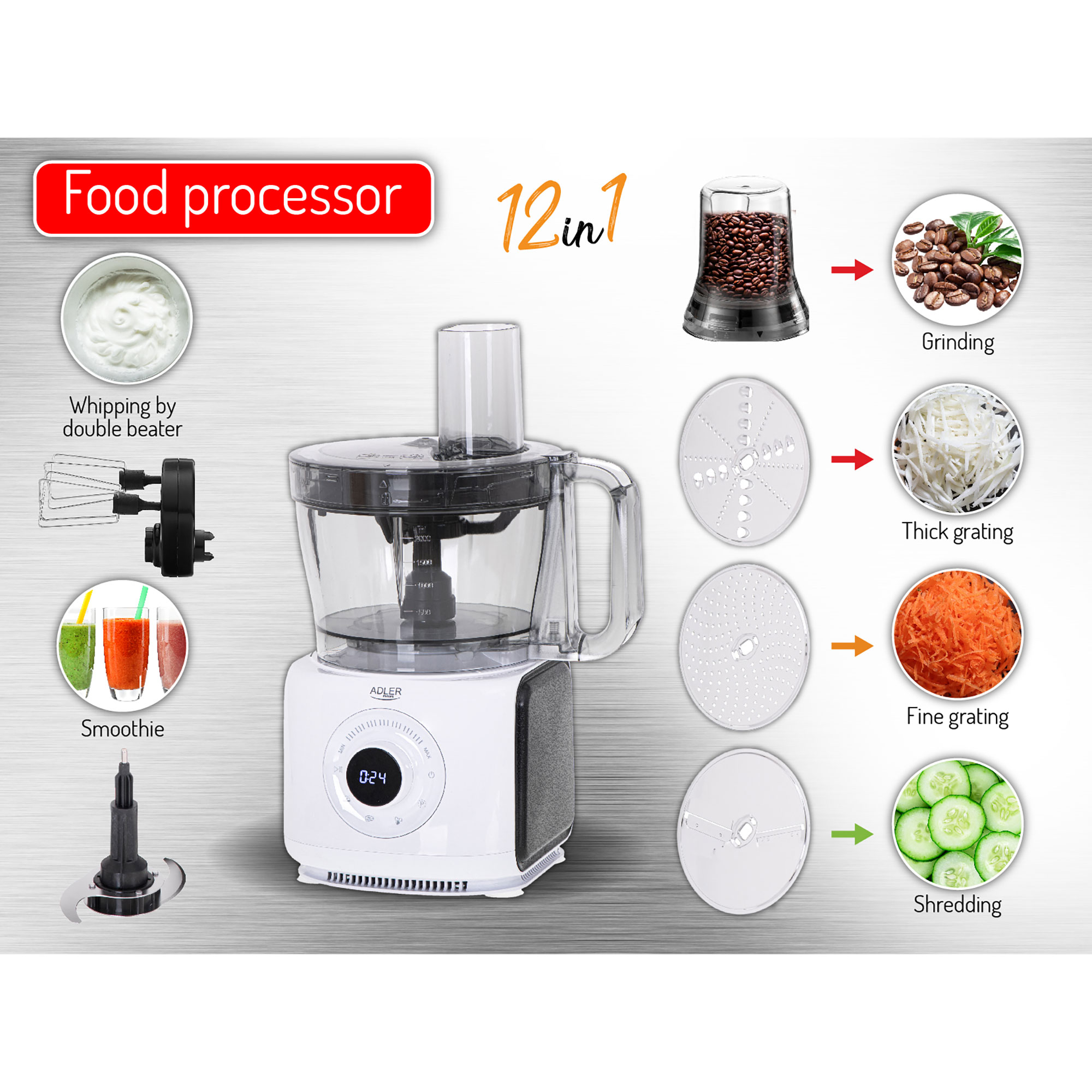 Un robot da cucina con più accessori. Mostra il processore che mescola gli ingredienti e ha lame diverse.