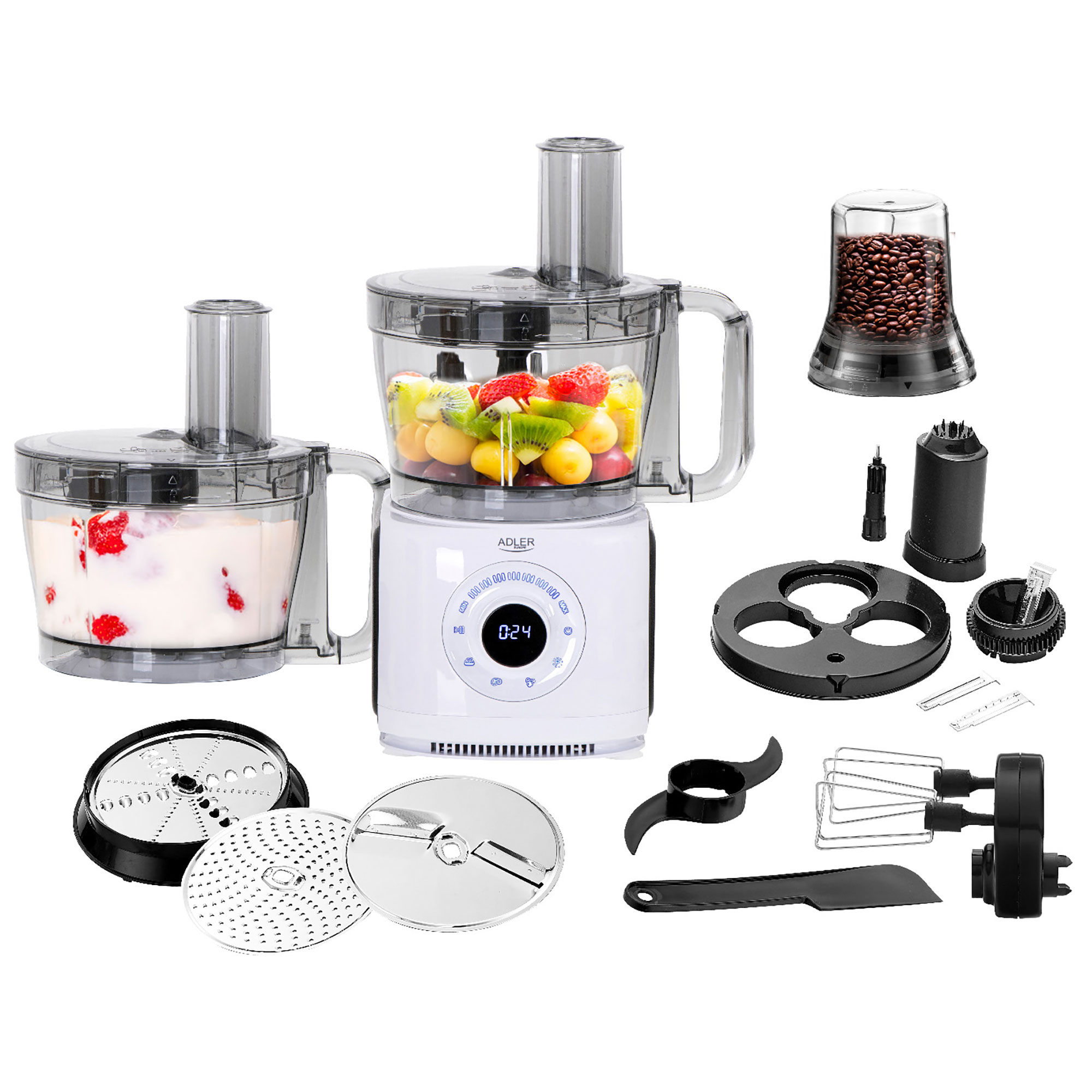 Un robot da cucina bianco con molteplici accessori. È pieno di vari ingredienti.