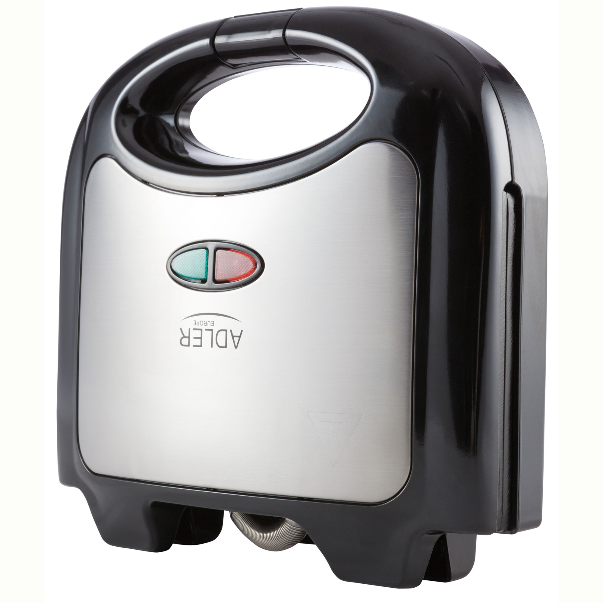 Czarny i srebrny opiekacz do kanapek z dwoma przyciskami i uchwytem pokazany na białym tle.