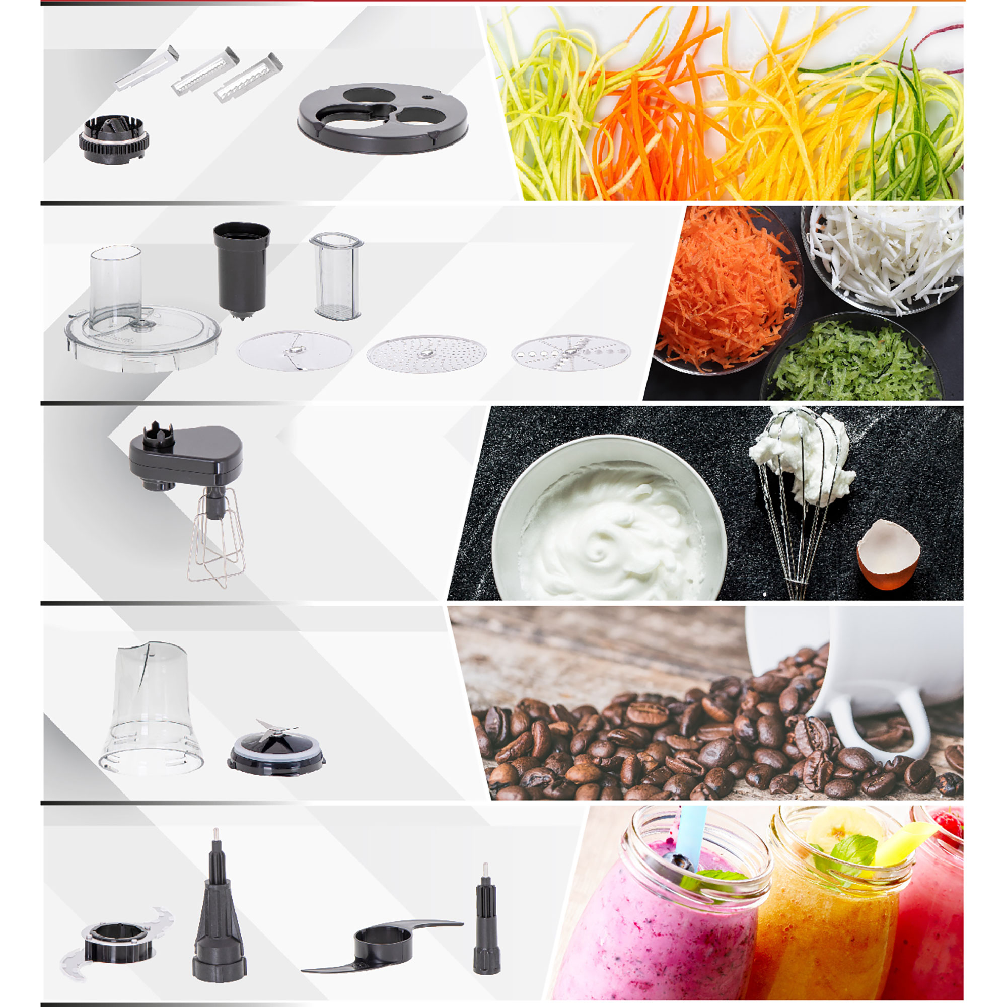 Parti del robot da cucina e ingredienti: lame, spirali, carote tritate e una ciotola con panna montata.