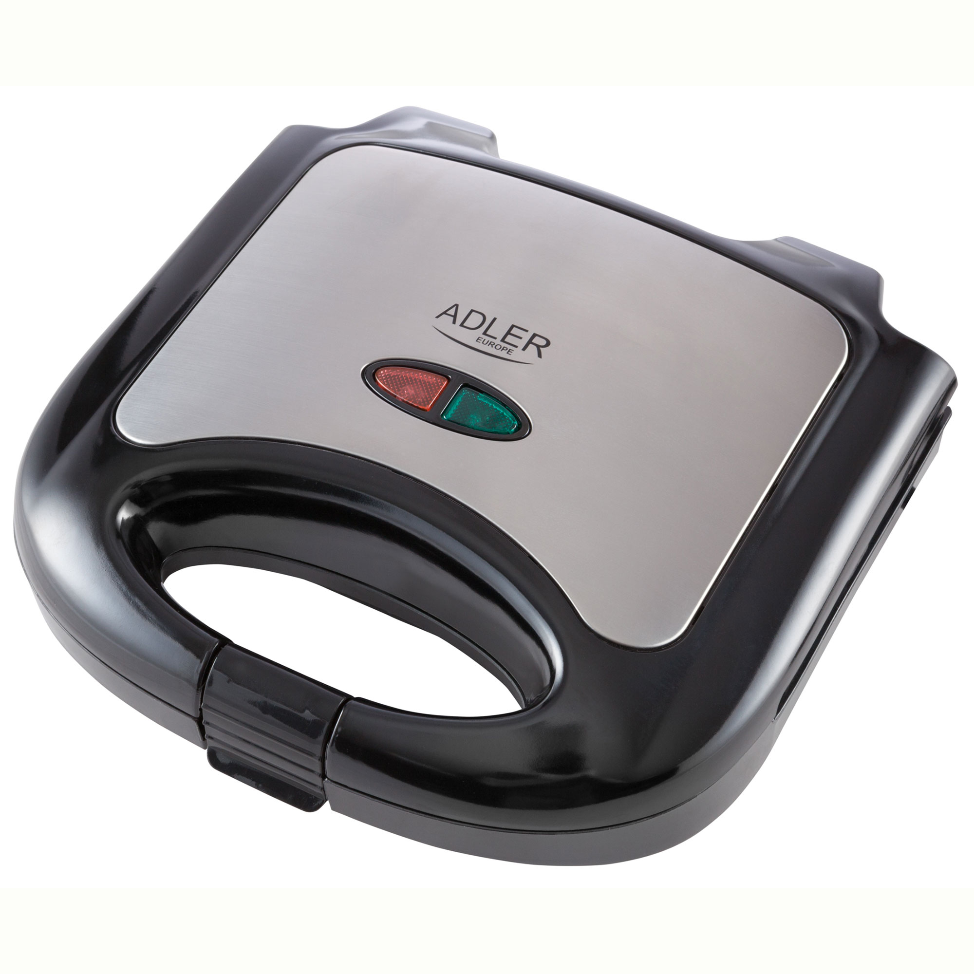 Czarno-srebrny opiekacz do kanapek. Ma srebrną górę z napisem "ADLER" i kontrolkami oraz czarną podstawę.