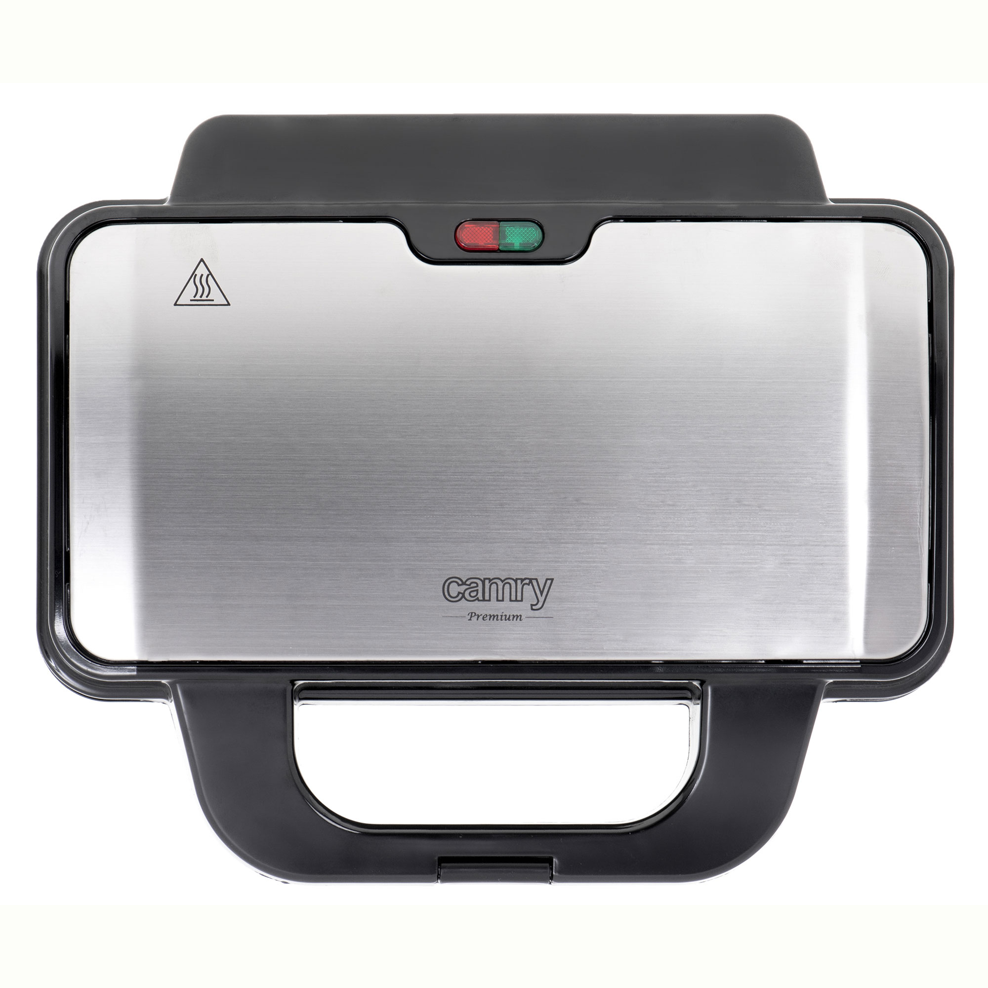 Czarno-srebrny opiekacz do kanapek. Widok z góry. Białe tło.