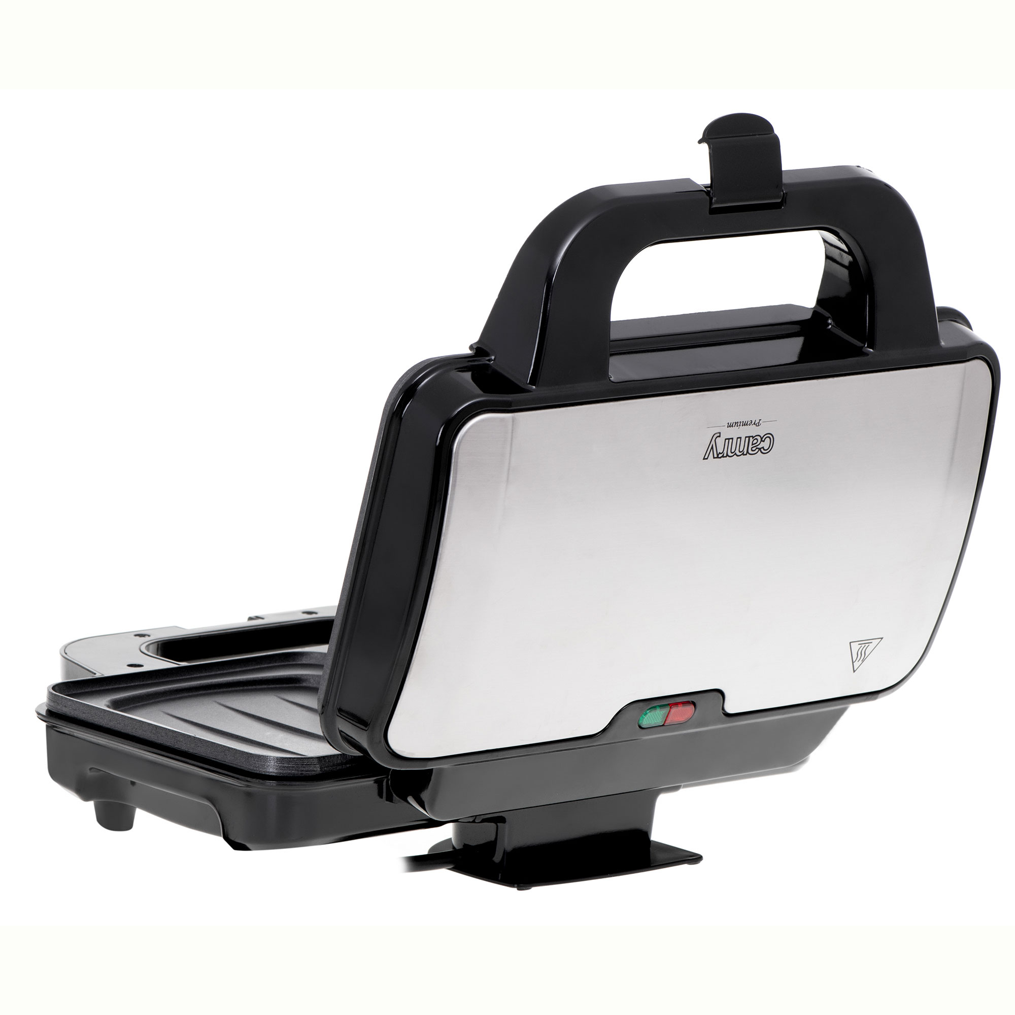Otwarta czarno-srebrna opiekacz do kanapek z uchwytem i dwoma lampkami kontrolnymi.