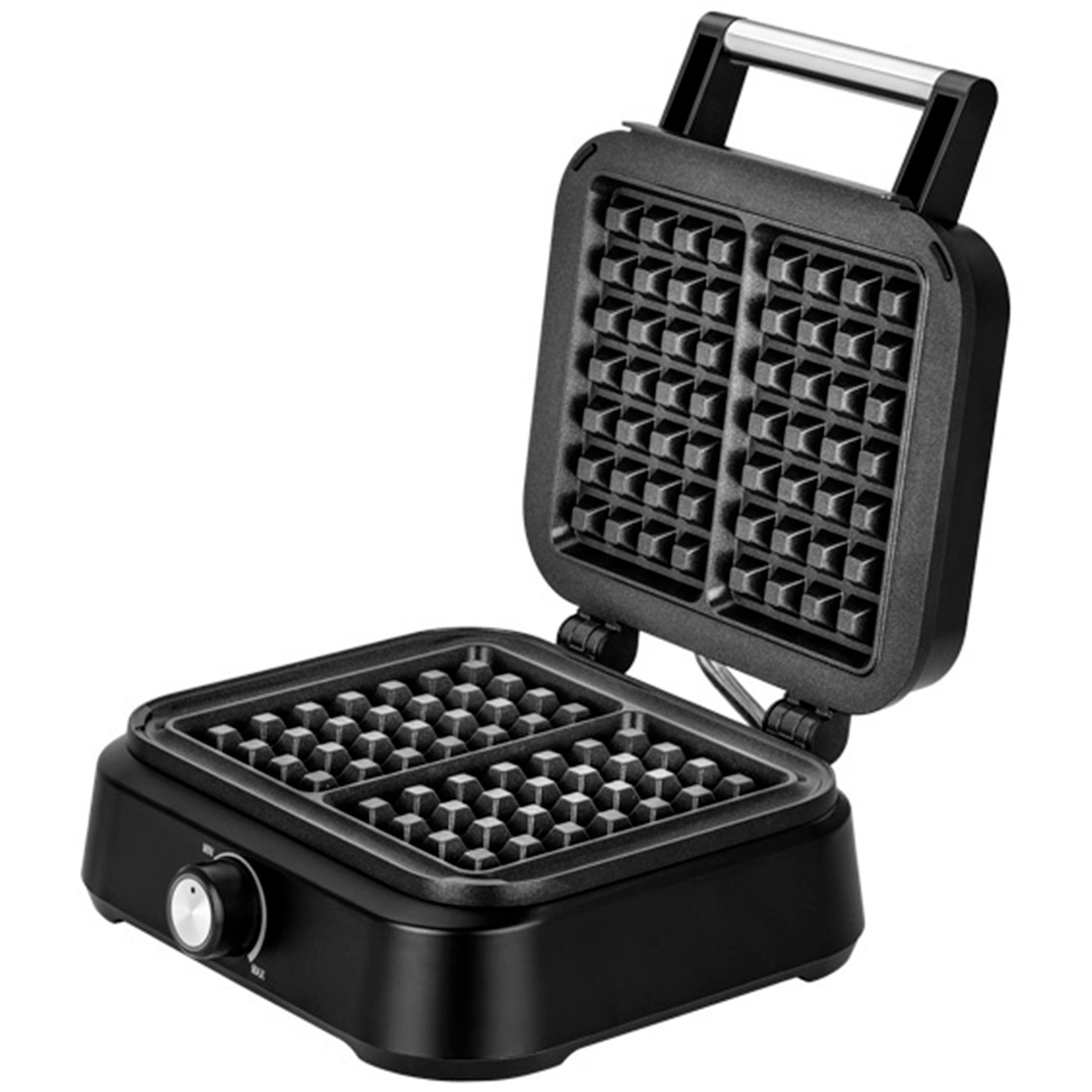 Czarny gofrownica otwarta, pokazująca kratki do gofrów na białym tle.