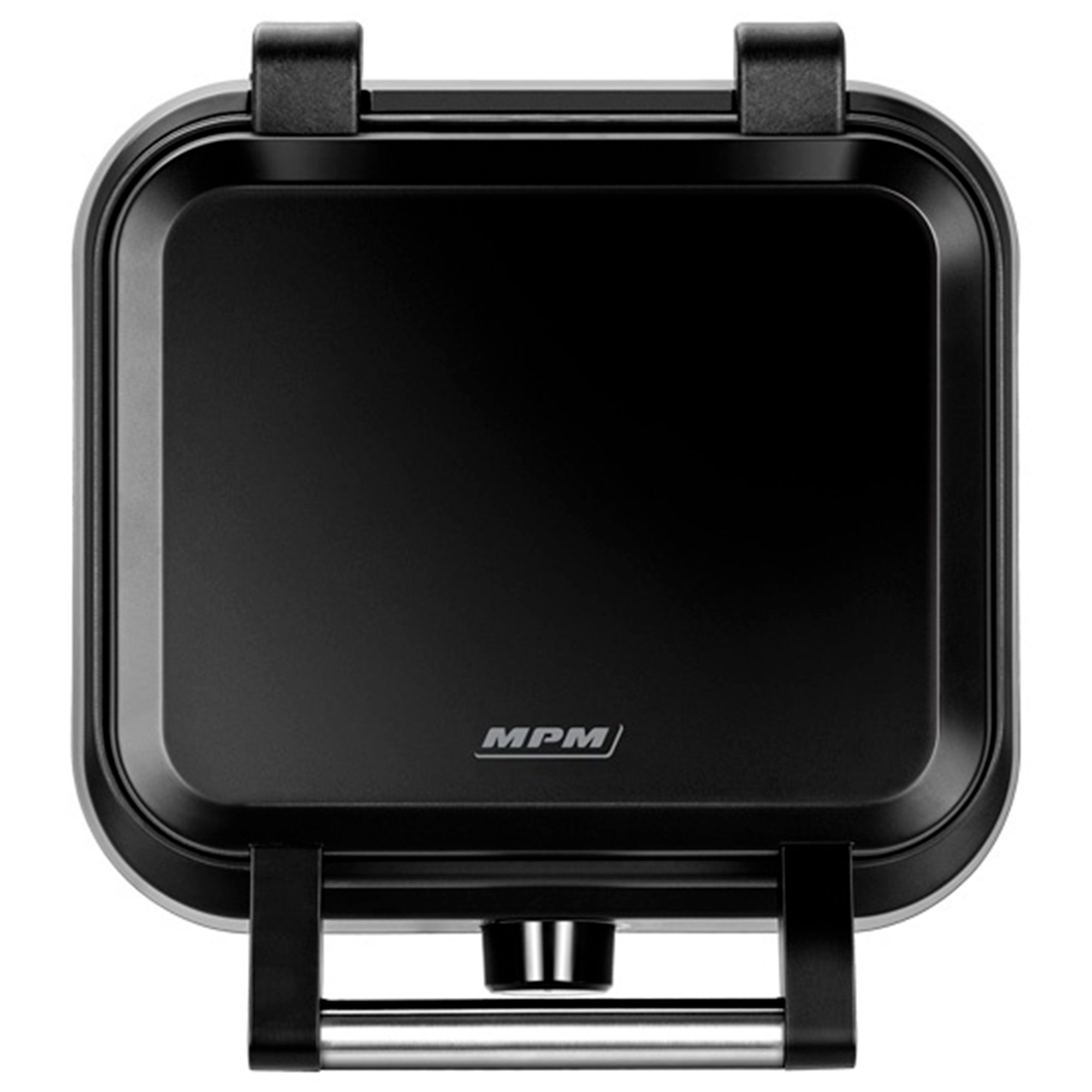 Czarna gofrownica, z otwartą pokrywą. Widoczna jest nazwa marki MPM.