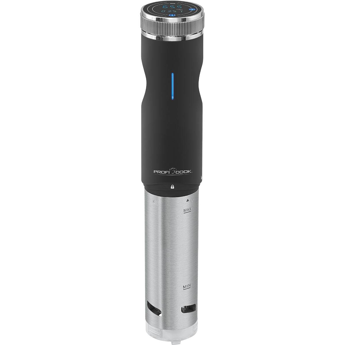 Circolatore a immersione nero e argento con display digitale e luce blu, su sfondo bianco.