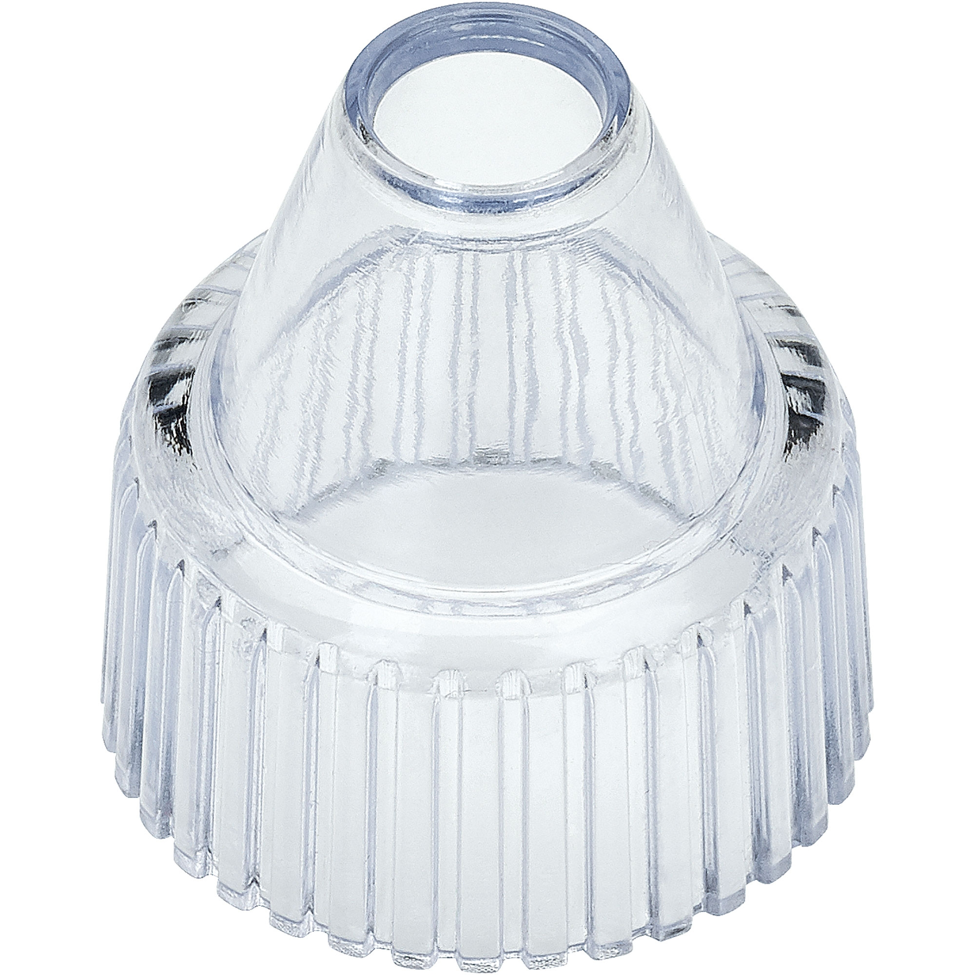 Przezroczysty, żebrowany plastikowy element z stożkowym wierzchołkiem, przypominający nasadkę do odkurzacza.