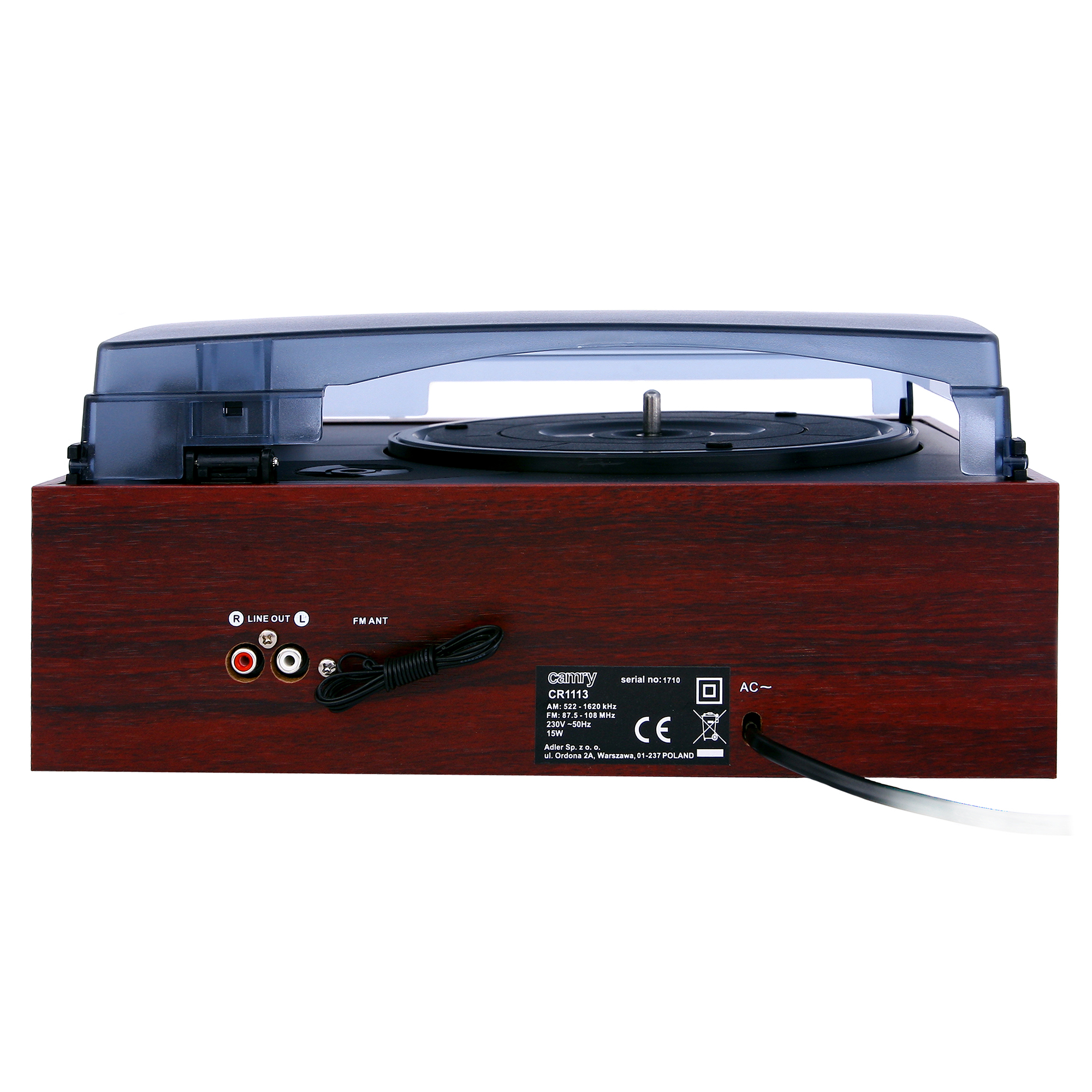 Tocadiscos con acabado de madera. Tocadiscos negro y una cubierta translúcida.