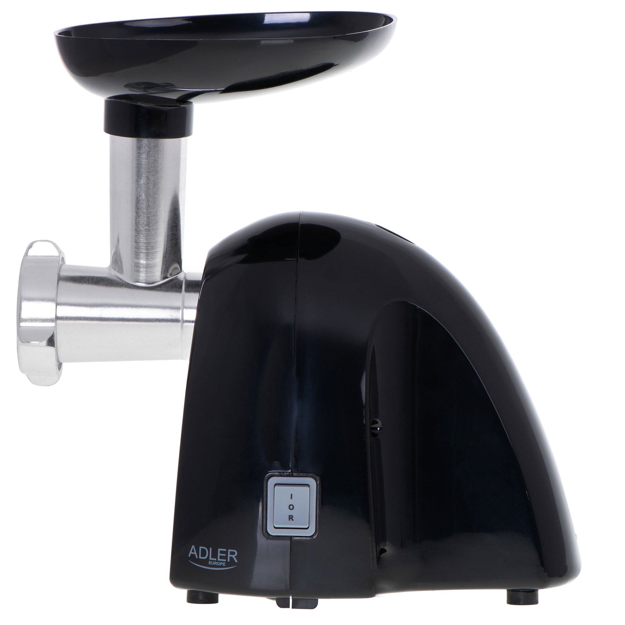 Tritacarne nero con testa di macinazione argentata e tramoggia nera. Marchio Adler Europe.