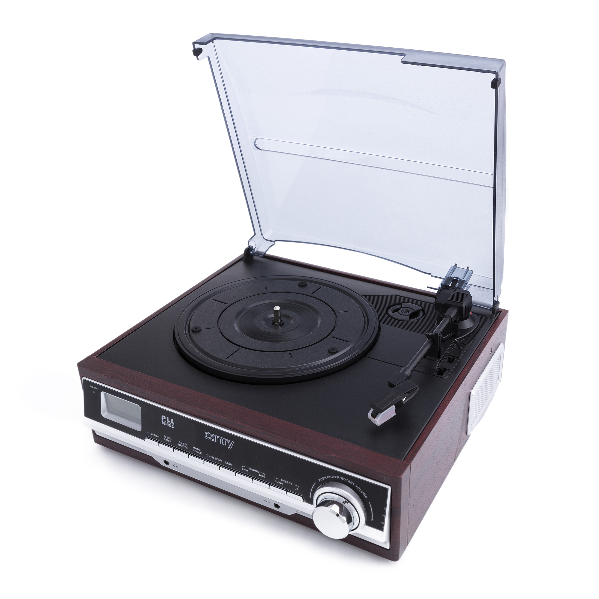 Tocadiscos vintage con tapa abierta. Acabado en madera oscura, detalles cromados y altavoz.