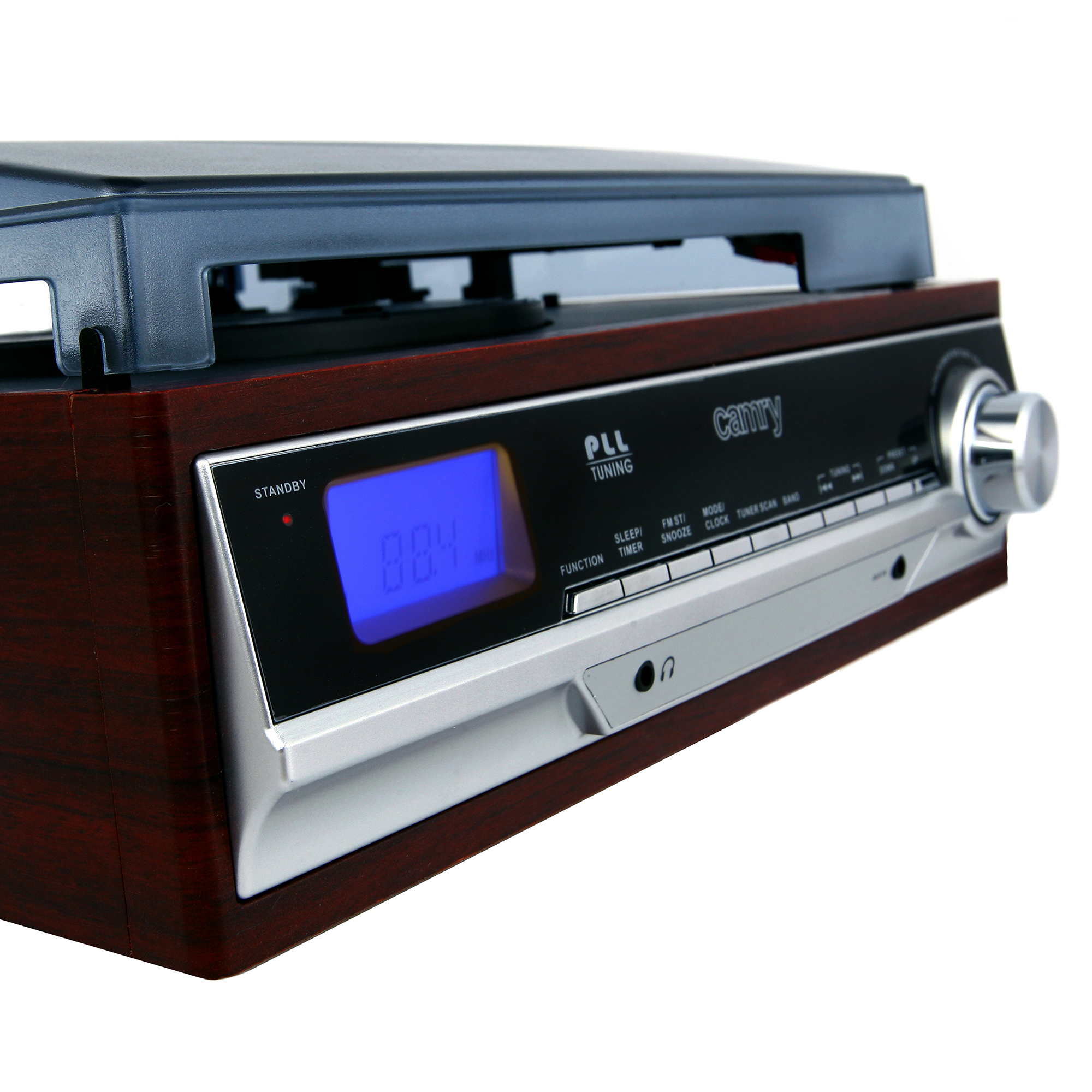 Una radio con aspecto de madera con pantalla. Tiene una cubierta superior negra y un panel de control plateado.