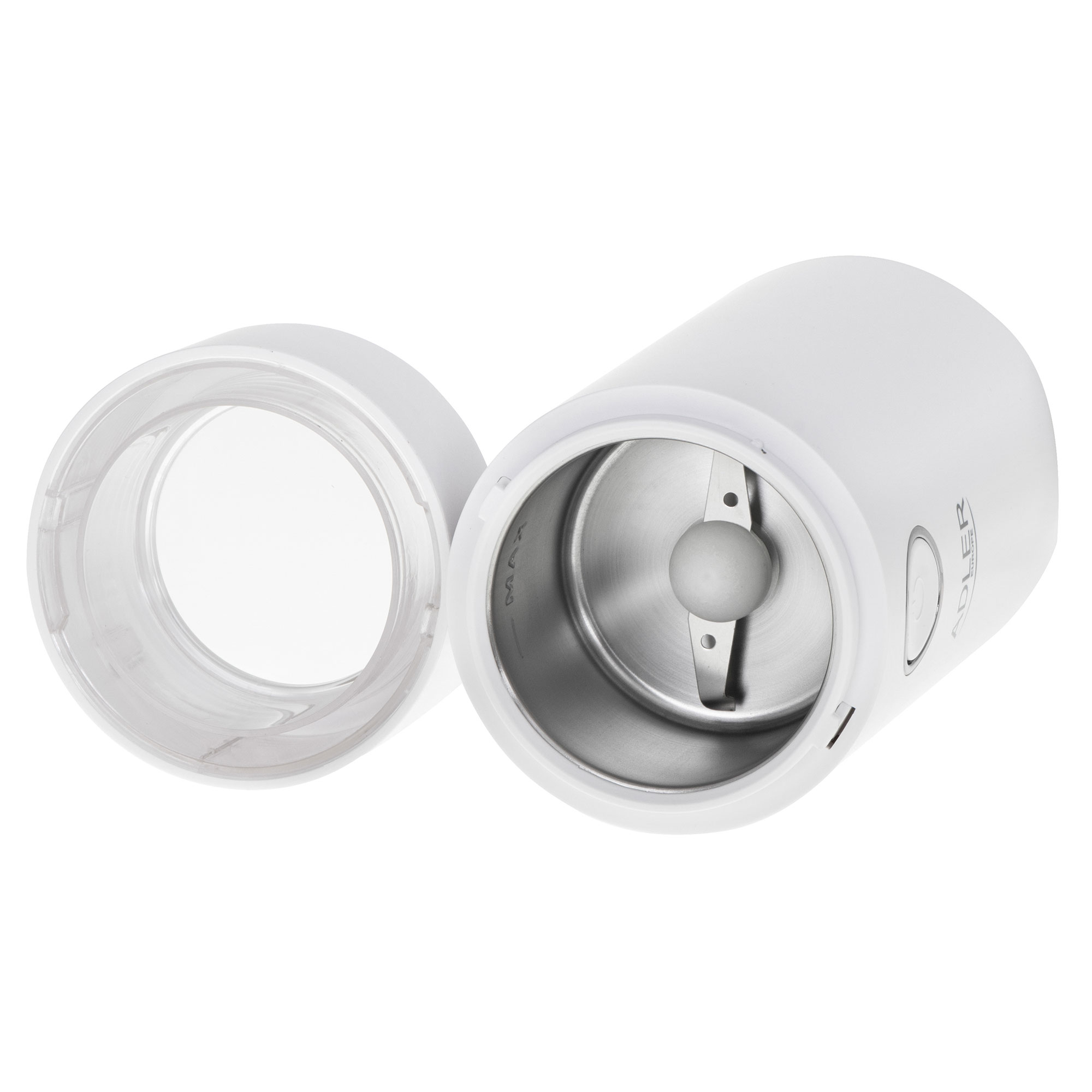 Biały młynek do kawy z przezroczystą pokrywką. Pokrywka otwarta, widoczne wnętrze.