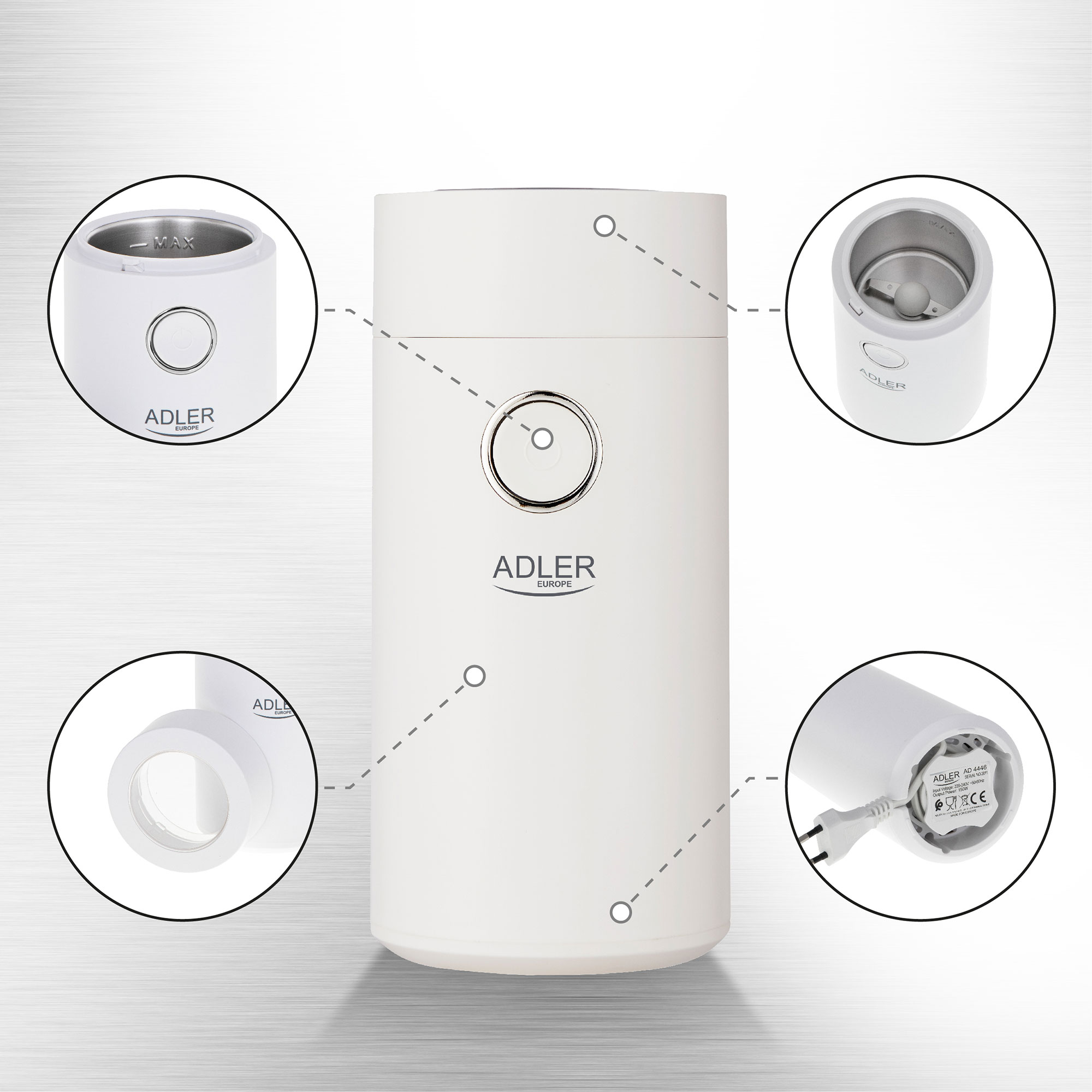 Biały młynek do kawy z różnymi częściami. ADLER Europe jest na młynku. Białe tło.