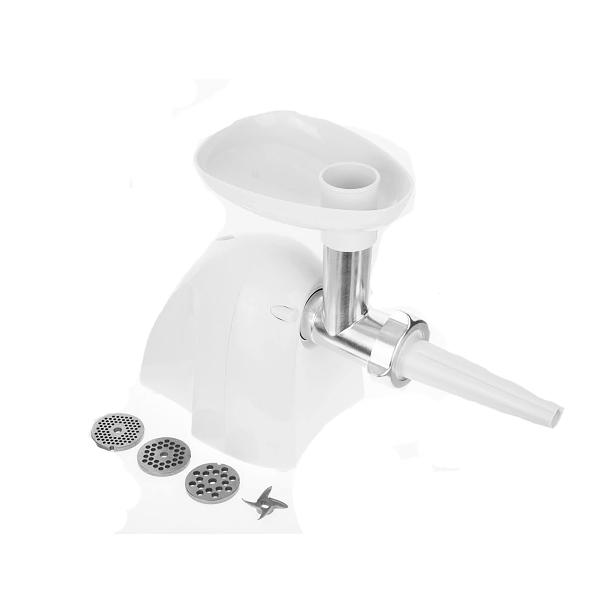 Biała maszynka do mięsa z ostrzami i płytami. Ma lejek i śrubę.