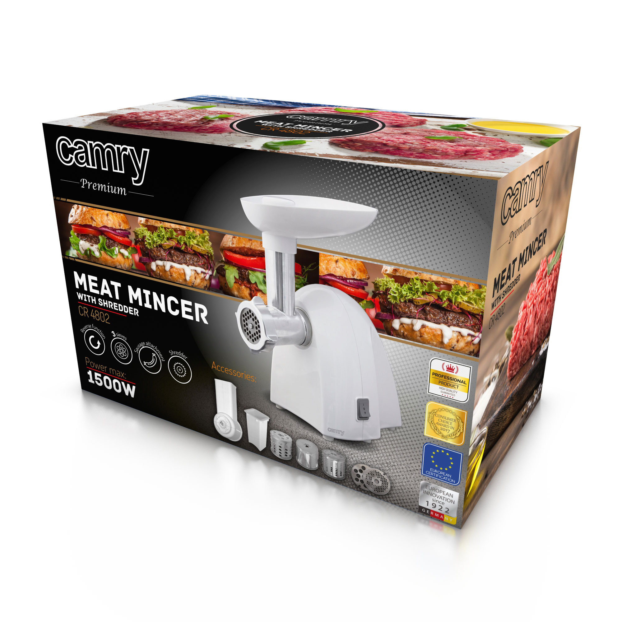 Maszynka do mięsa z opakowaniem. Pudełko pokazuje obrazy mielonego mięsa i burgerów oraz szczegóły.