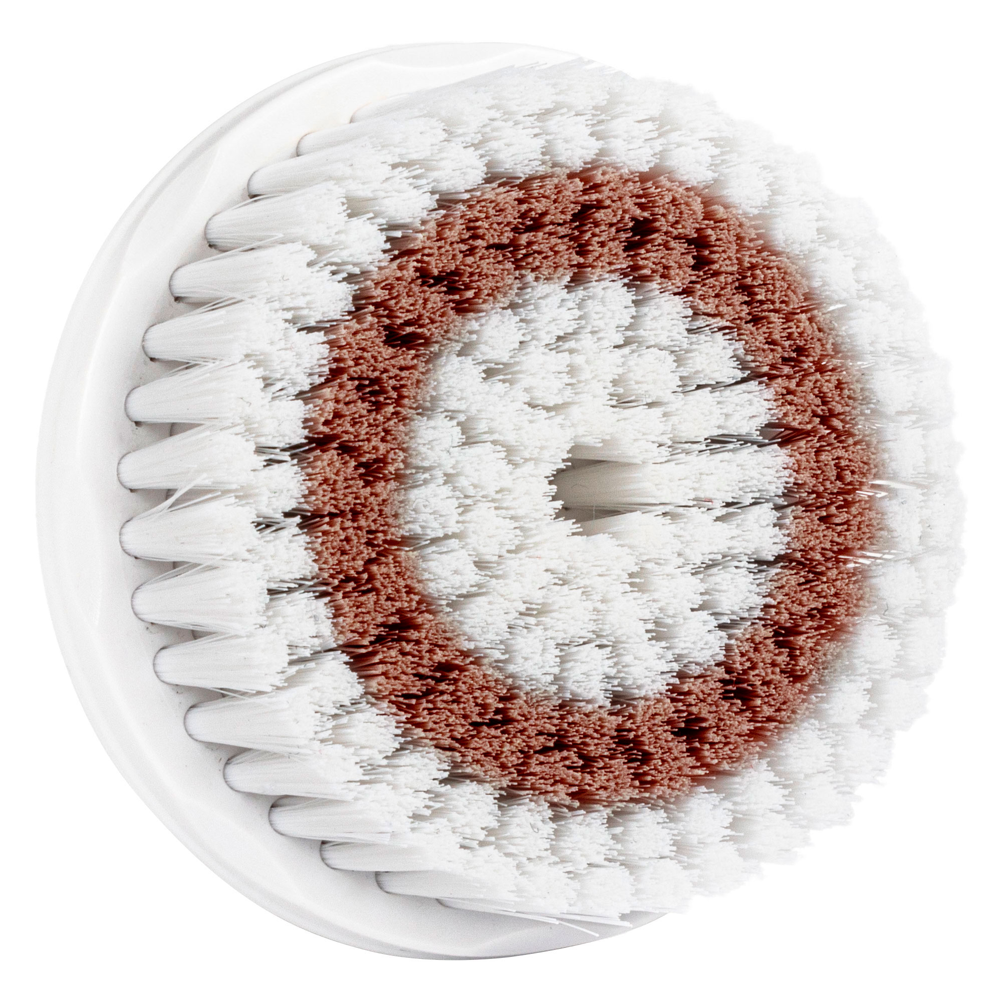 Biało-brązowa głowica szczoteczki do twarzy o okrągłym kształcie, na białym tle.