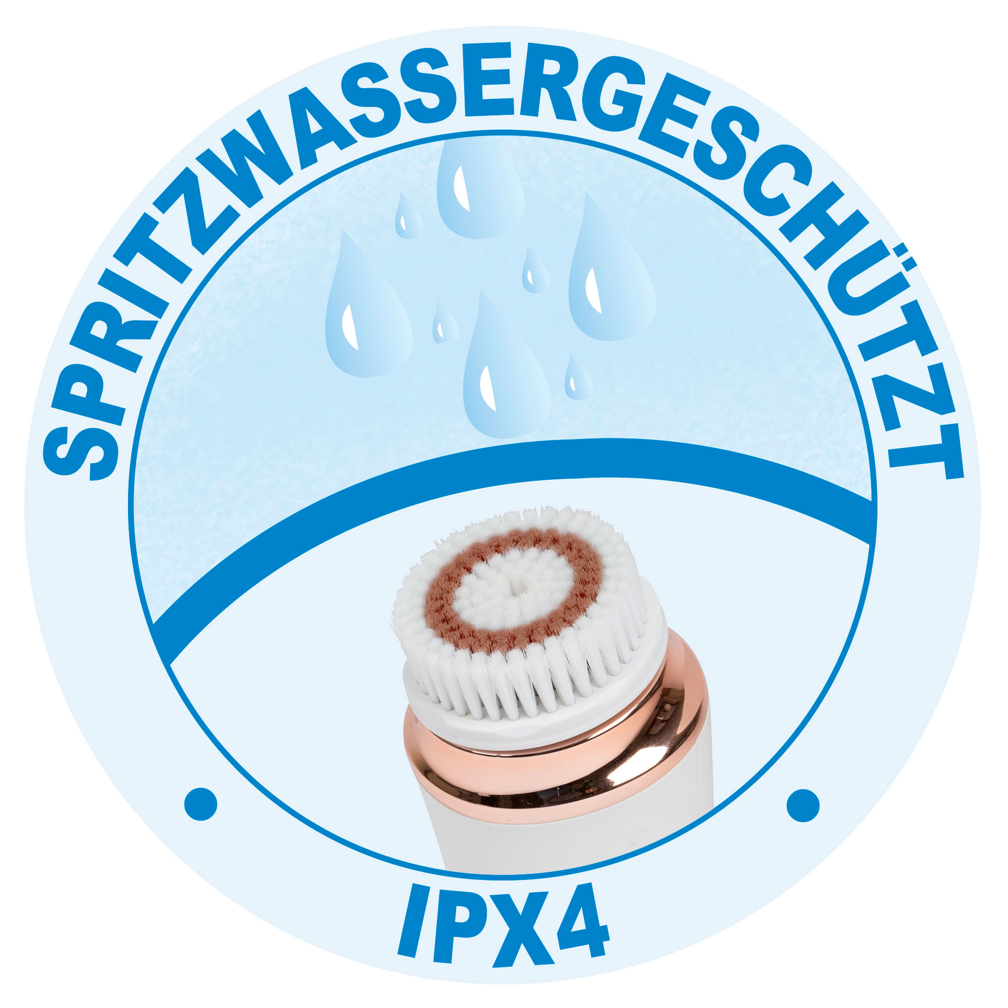 Biała i różowo-złota szczoteczka do oczyszczania twarzy w niebieskim okręgu z tekstem.