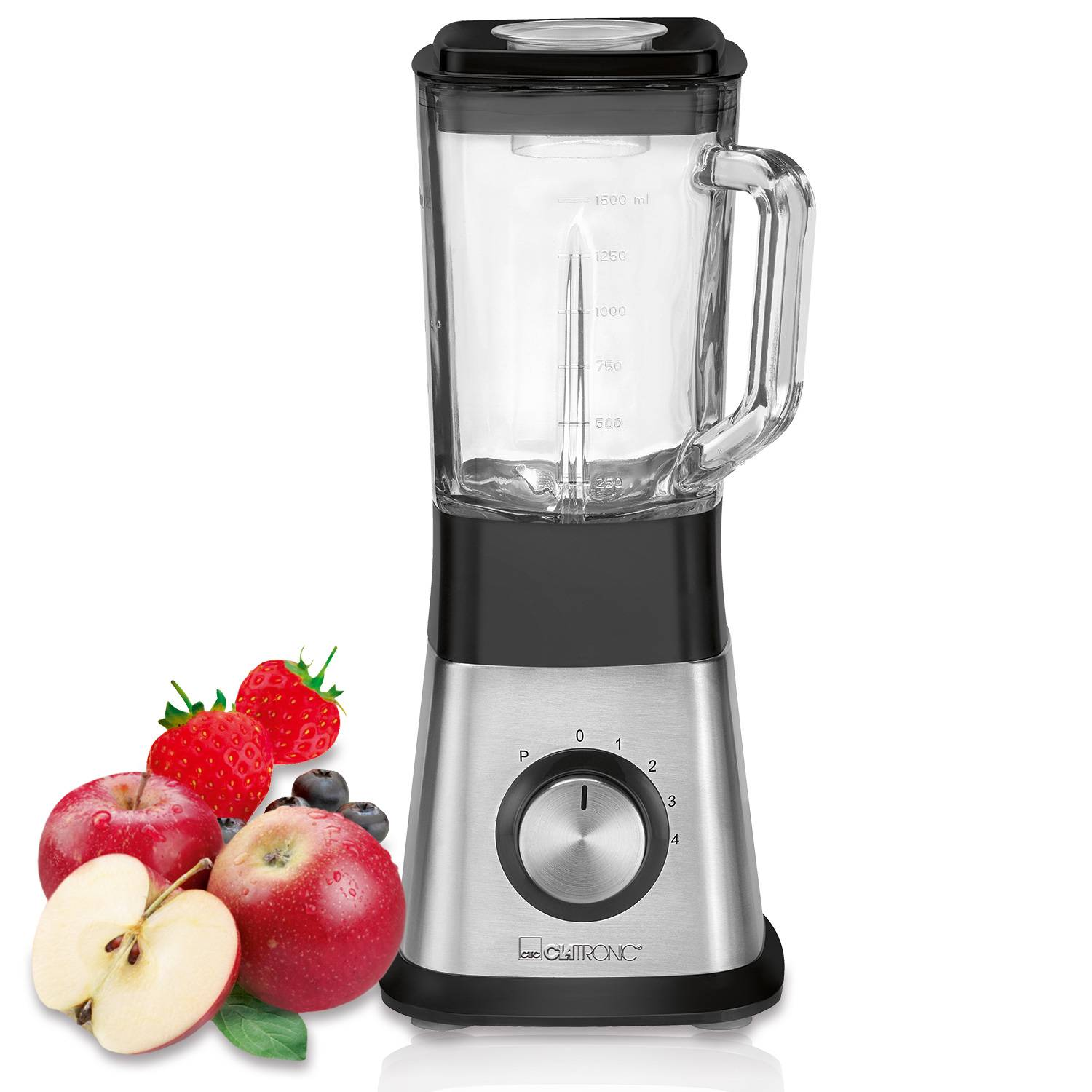 Blender ze szklanym dzbankiem i podstawą ze stali nierdzewnej. Jabłka i jagody.