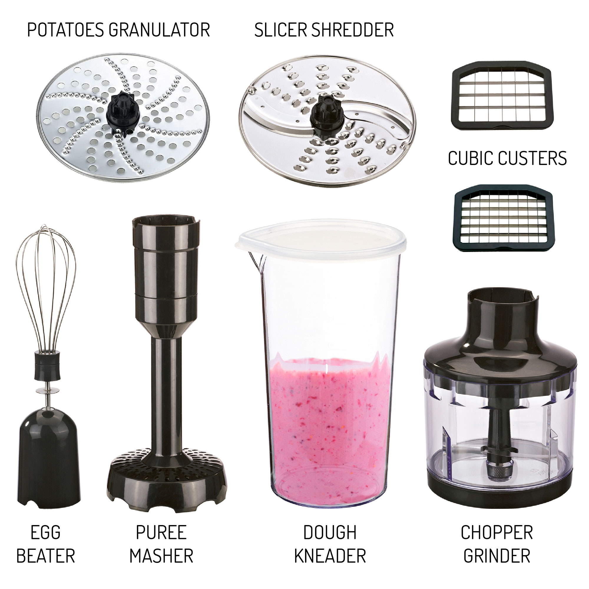 Różne narzędzia kuchenne: krajalnica do ziemniaków, ubijaczka do jajek, zagniatarka do ciasta i rozdrabniacz.