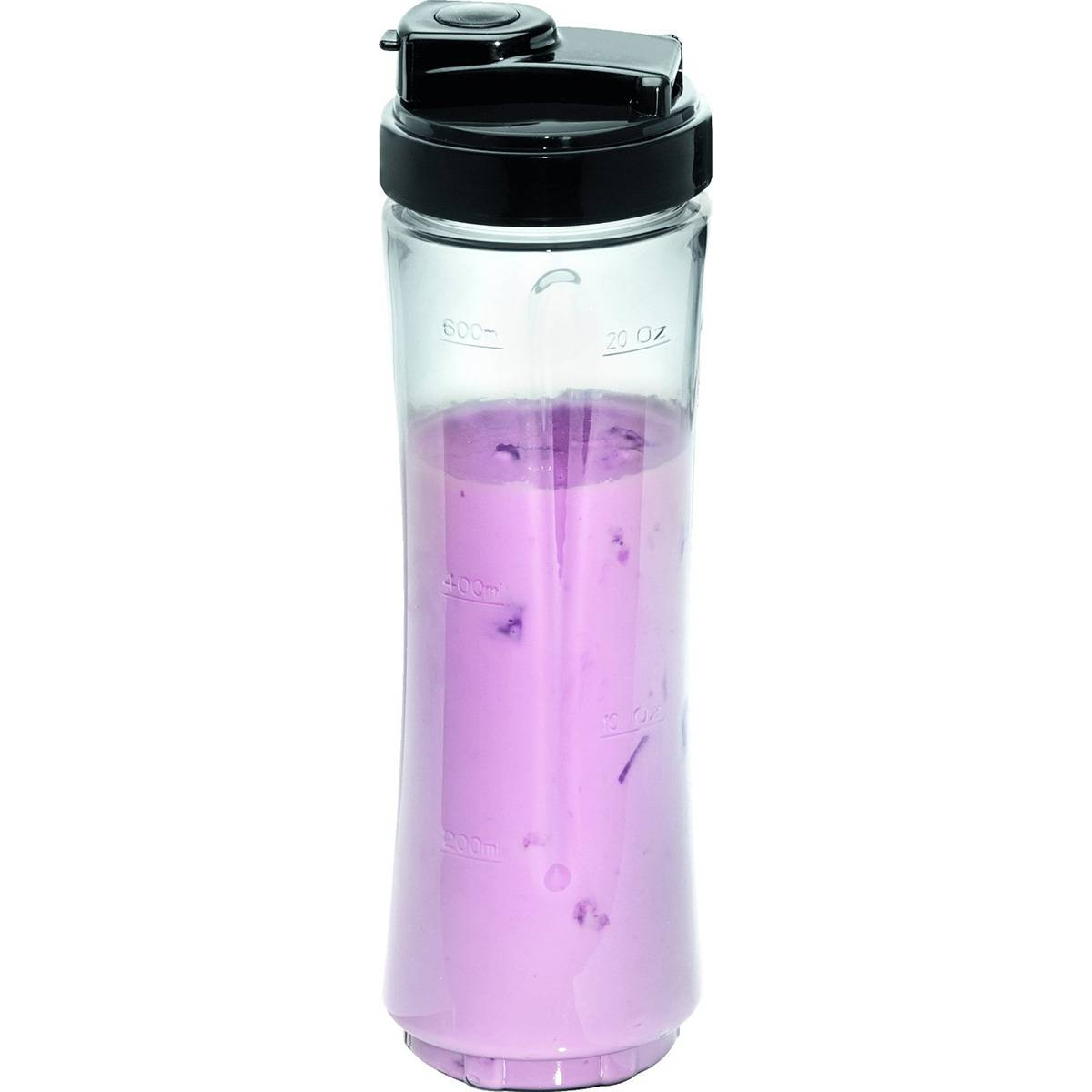 Botella de licuadora transparente con batido morado, tapa negra y fondo blanco.