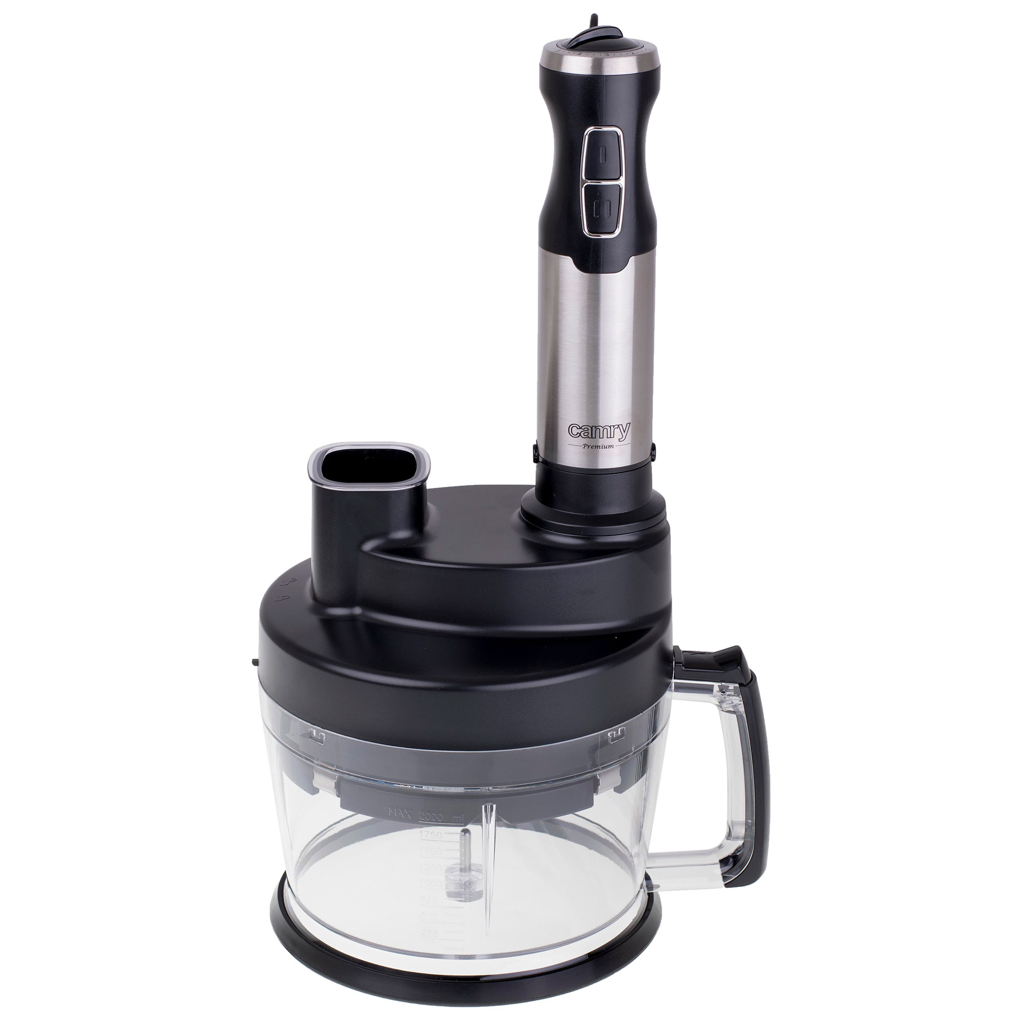 Czarny i srebrny robot kuchenny z przezroczystym pojemnikiem i uchwytem. Białe tło.