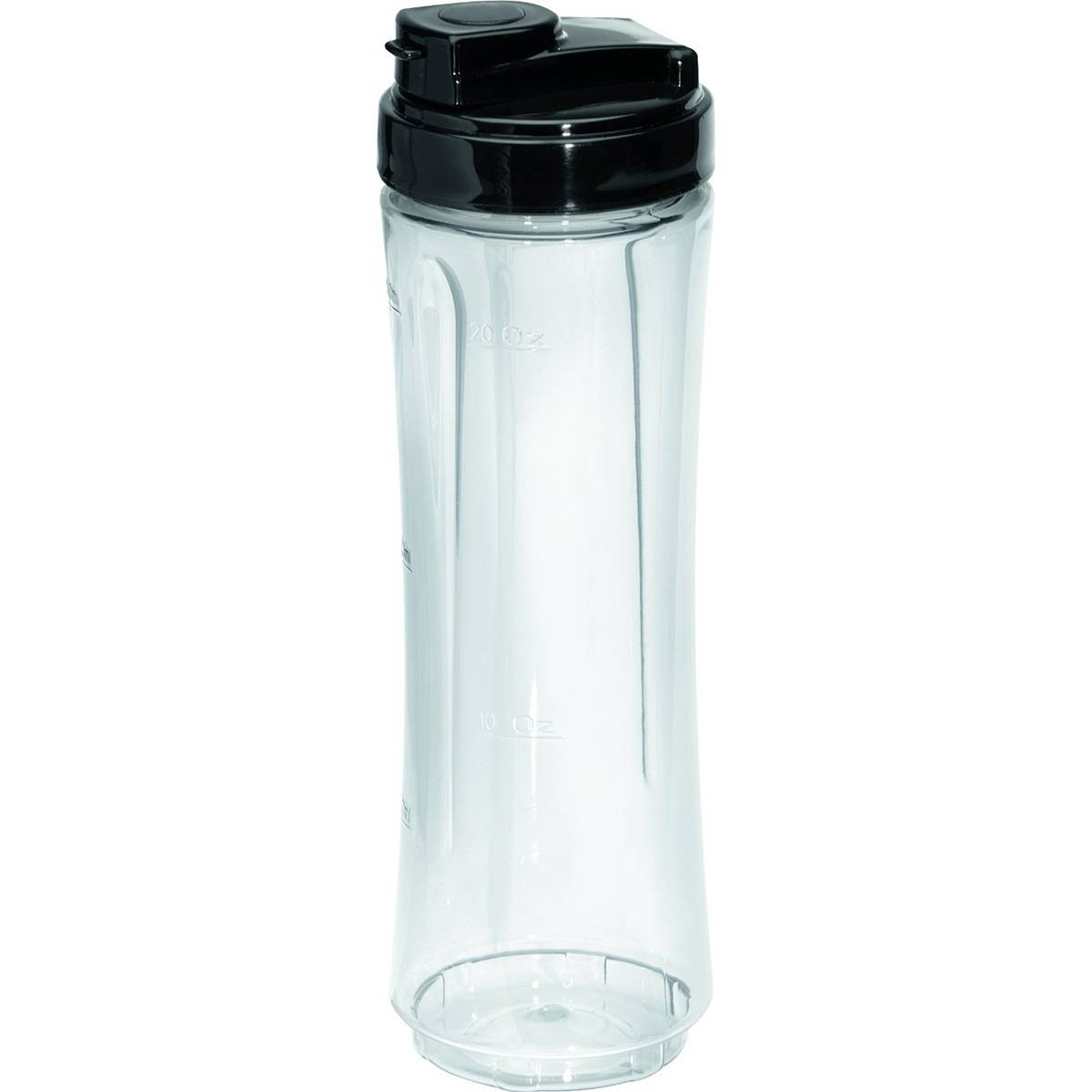 Una botella de licuadora de plástico transparente con tapa negra y medidas en el lateral.