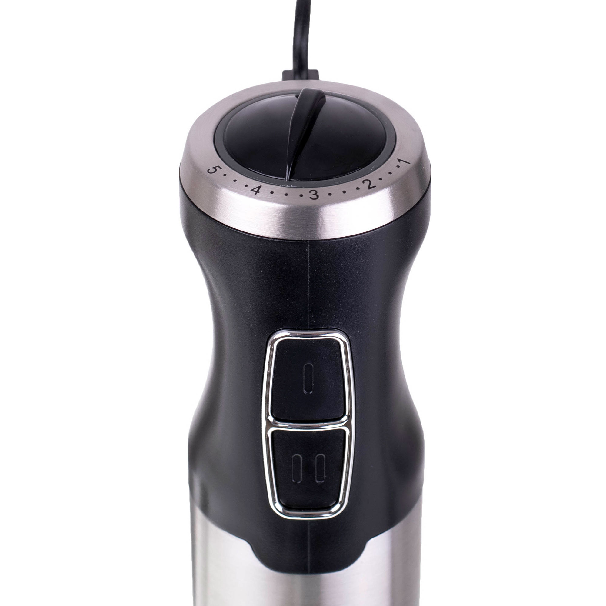 Czarny i srebrny blender ręczny z przyciskami sterowania.