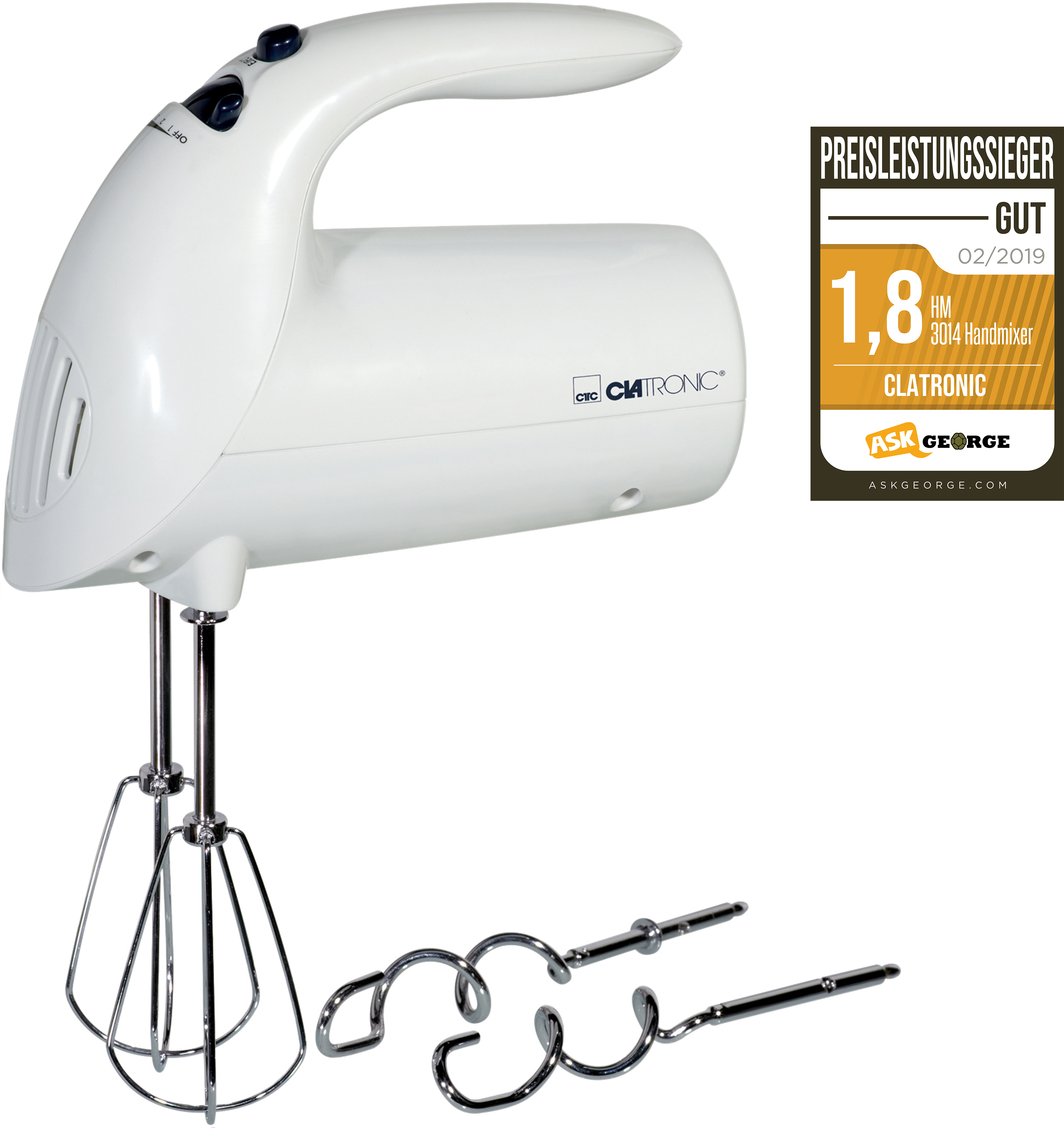 Biały mikser ręczny z końcówkami, etykietą i białym tłem.