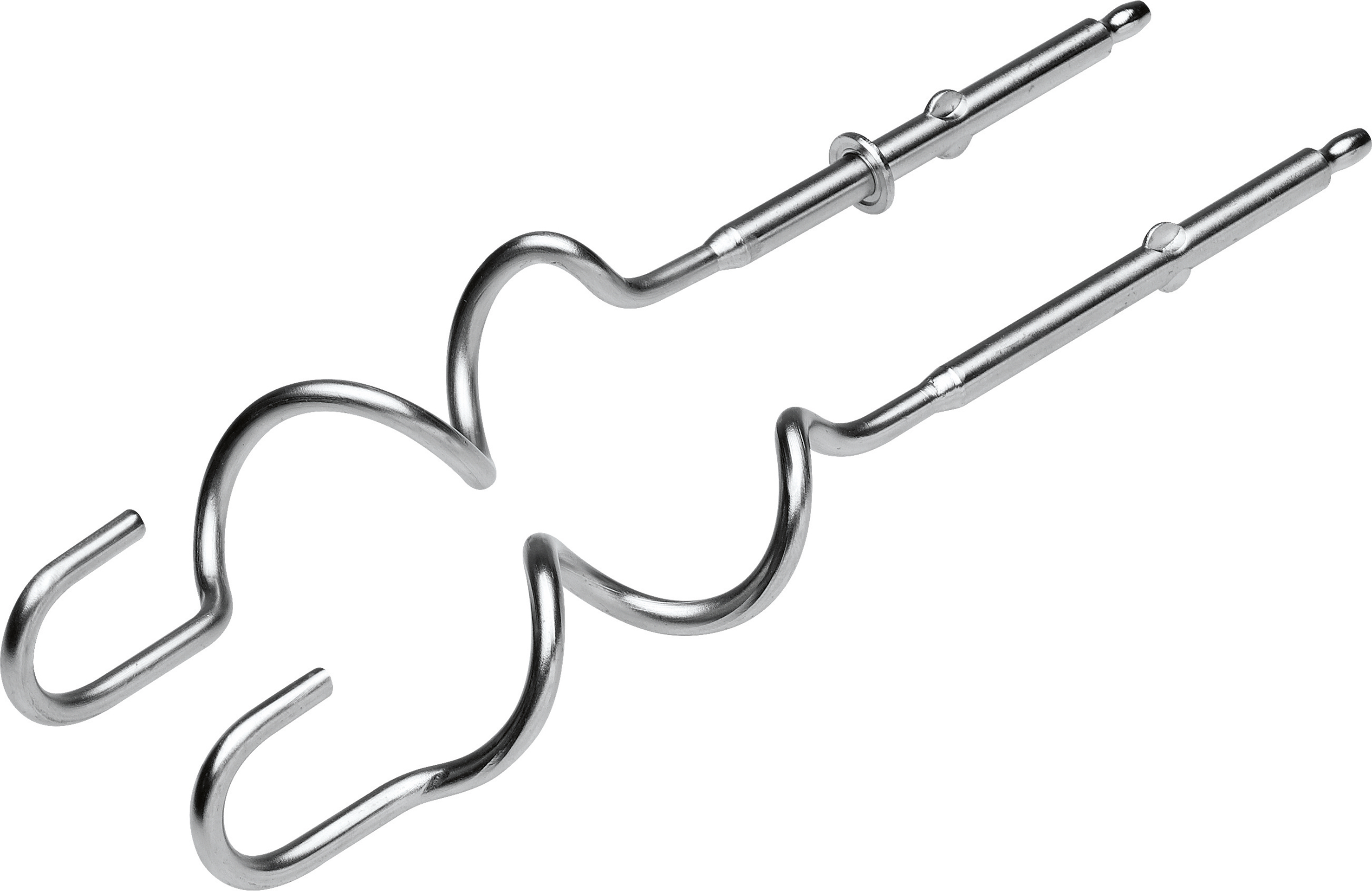 Dwa srebrne trzepaczki do miksera. Mają zakrzywiony kształt i są na białym tle.