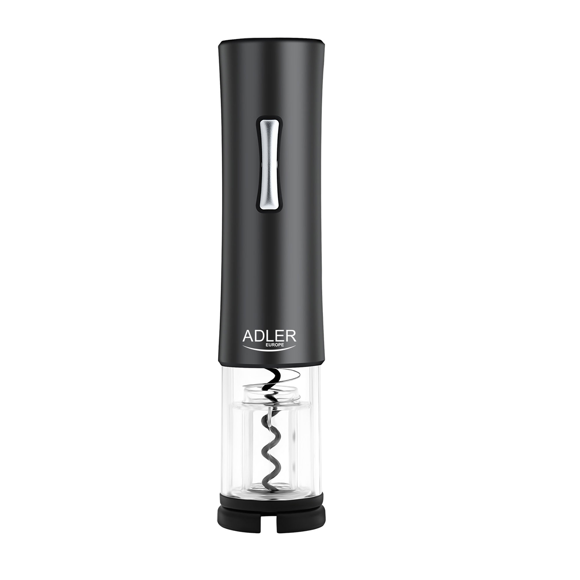 Abridor de vino eléctrico negro con una parte inferior transparente.