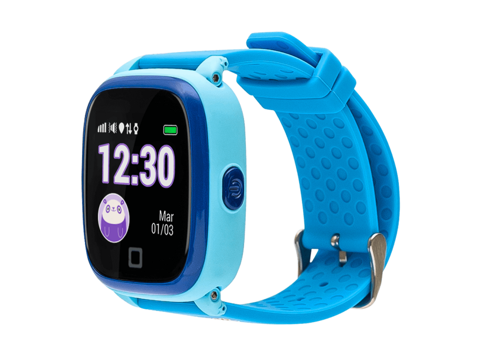 Eine blaue Smartwatch mit blauem Armband, die Uhrzeit und eine Cartoonfigur zeigt.