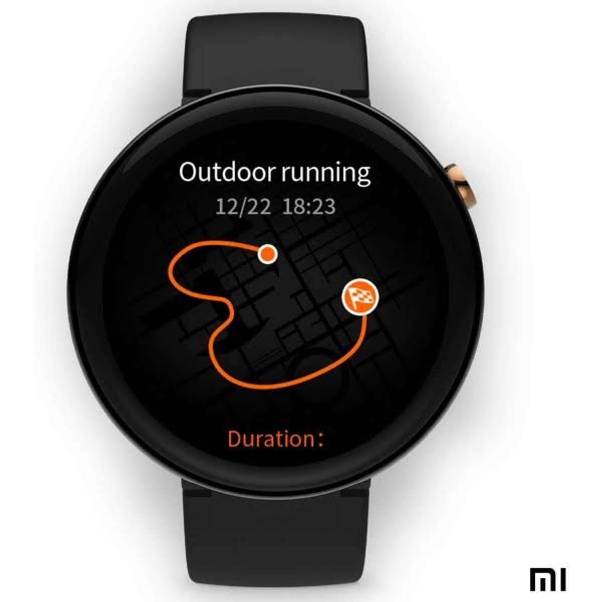 Smartwatch negra que muestra una ruta de carrera en su pantalla con hora y fecha.